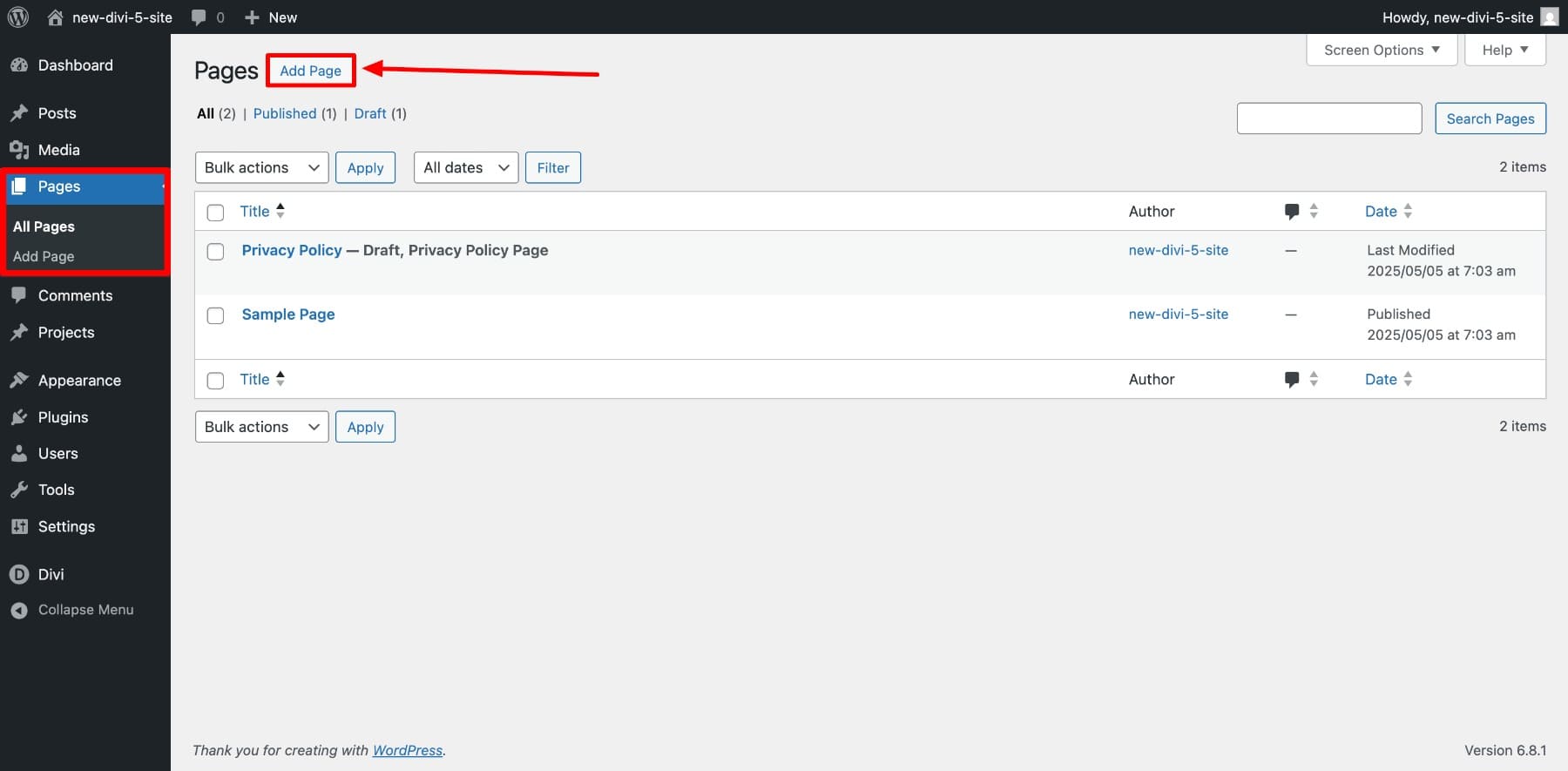 add new page on wordpress