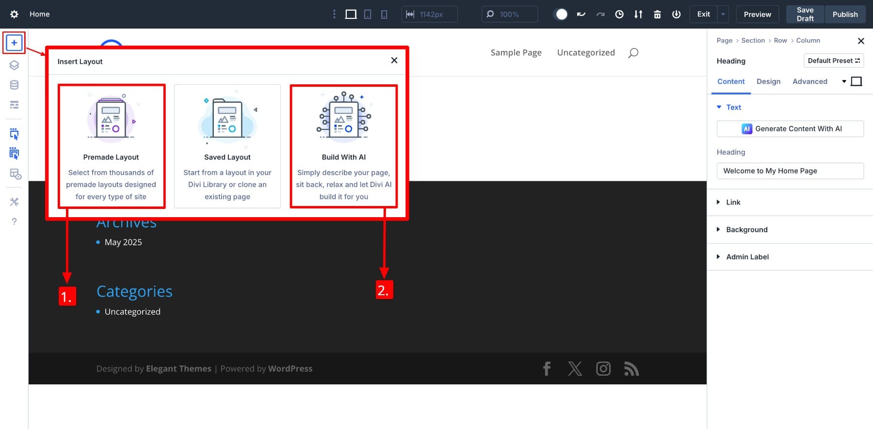 import a pre-designed layout or create with Divi AI