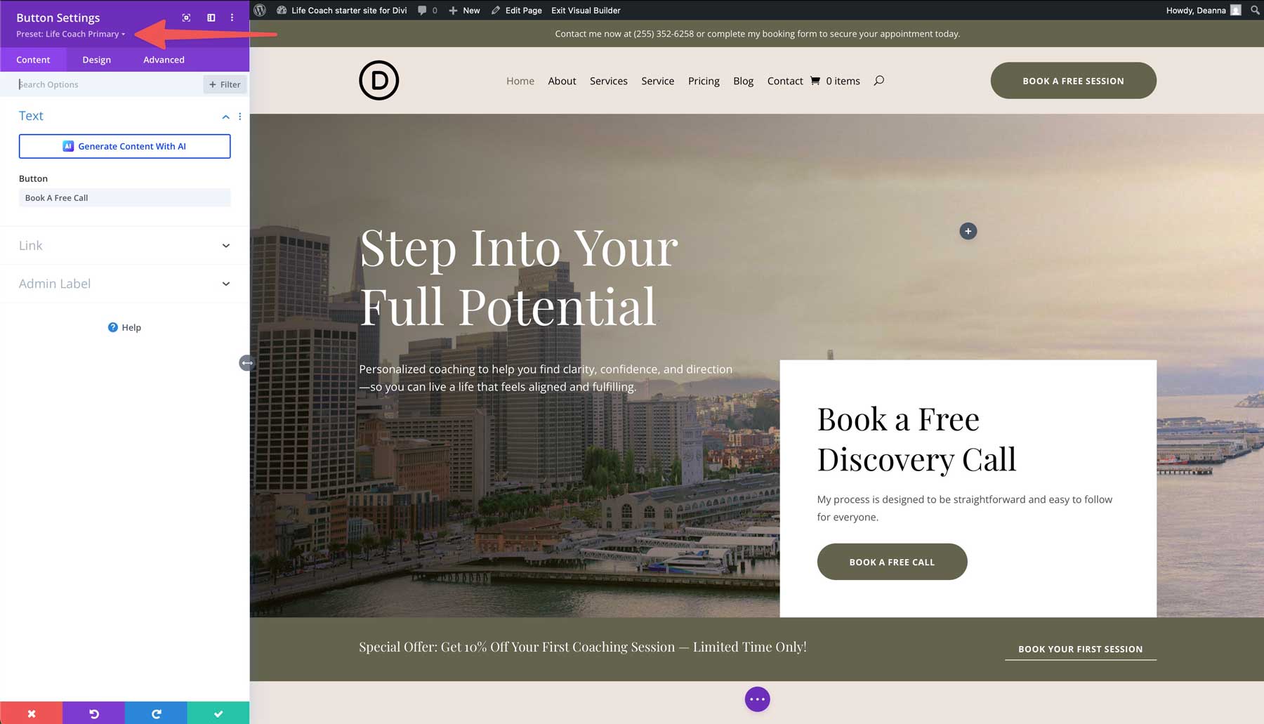 Life Coach starter site for Divi