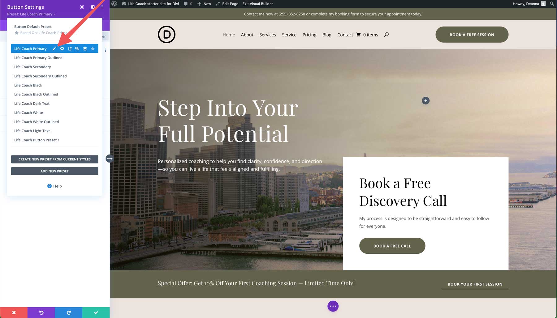 Life Coach starter site for Divi