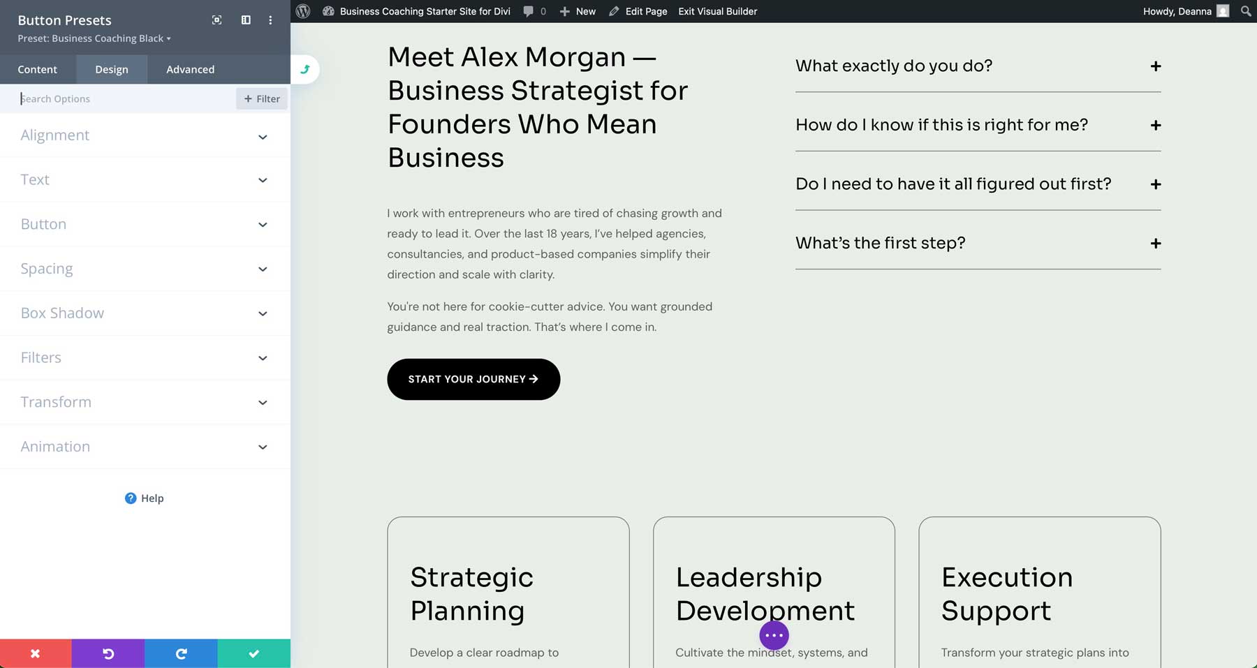 Business Coaching starter site for Divi