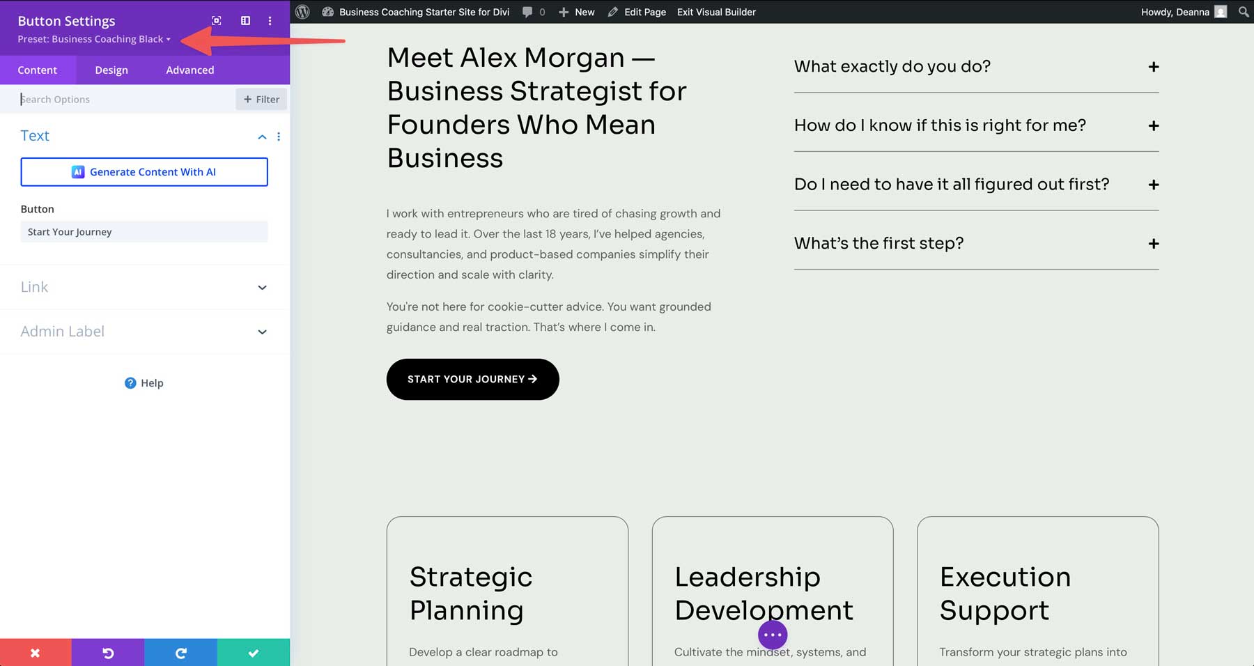 Business Coaching starter site for Divi