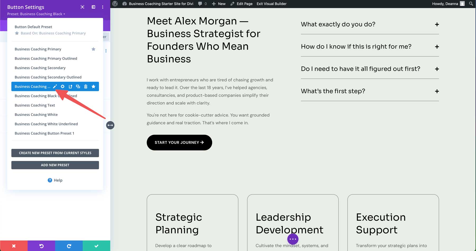 Business Coaching starter site for Divi
