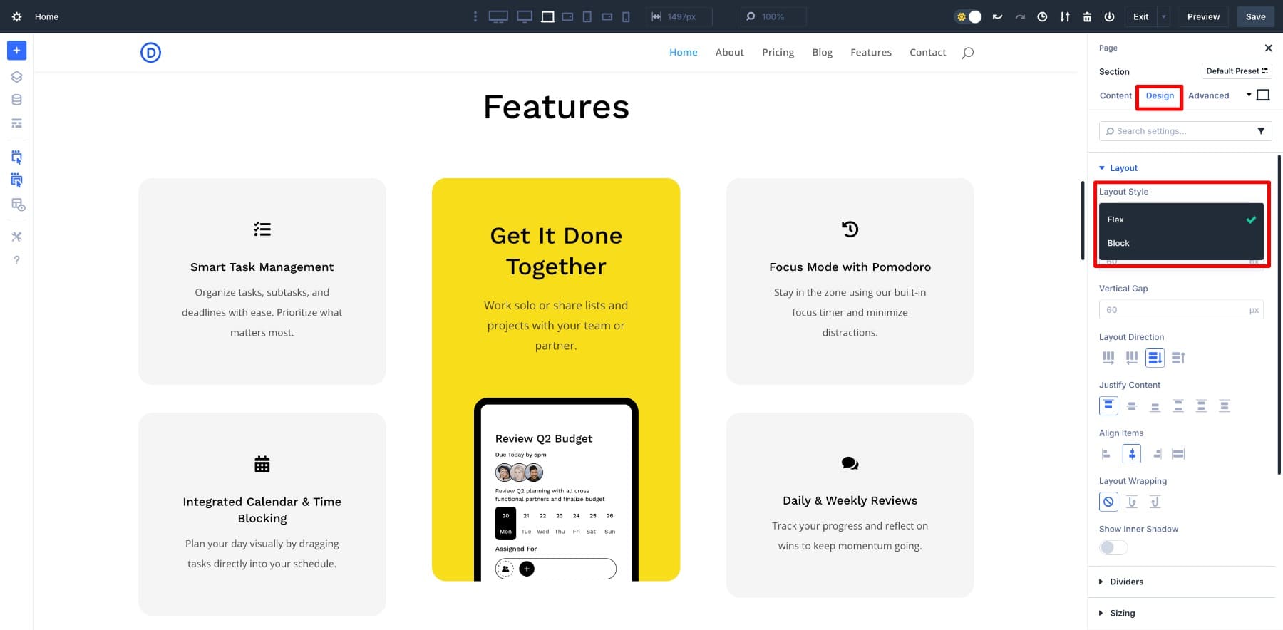 turn on flex option in divi 5