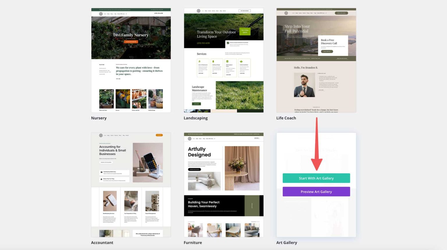 New Art Gallery Starter Site for Divi (Quick Install)