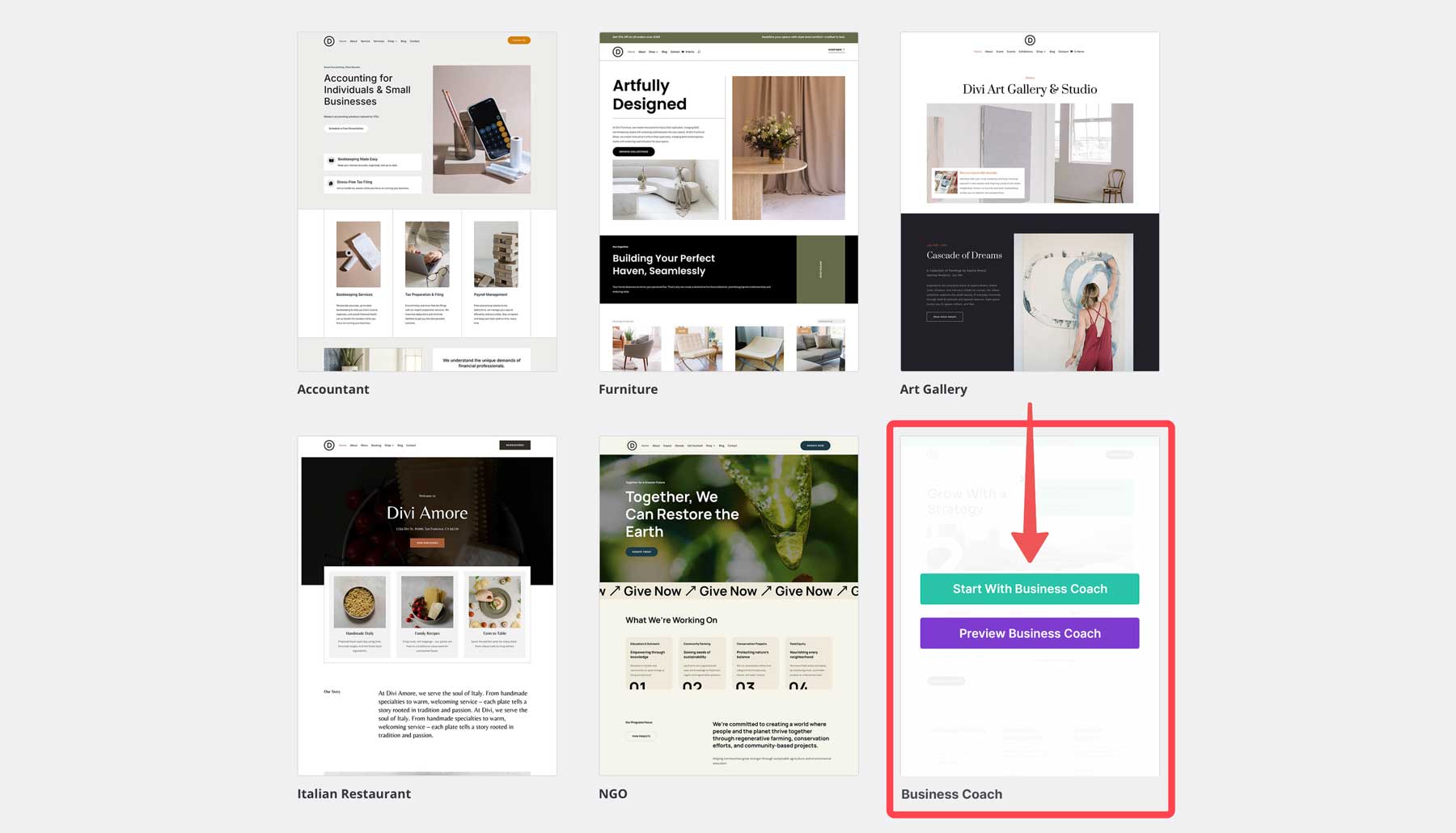 Business Coaching starter site for Divi