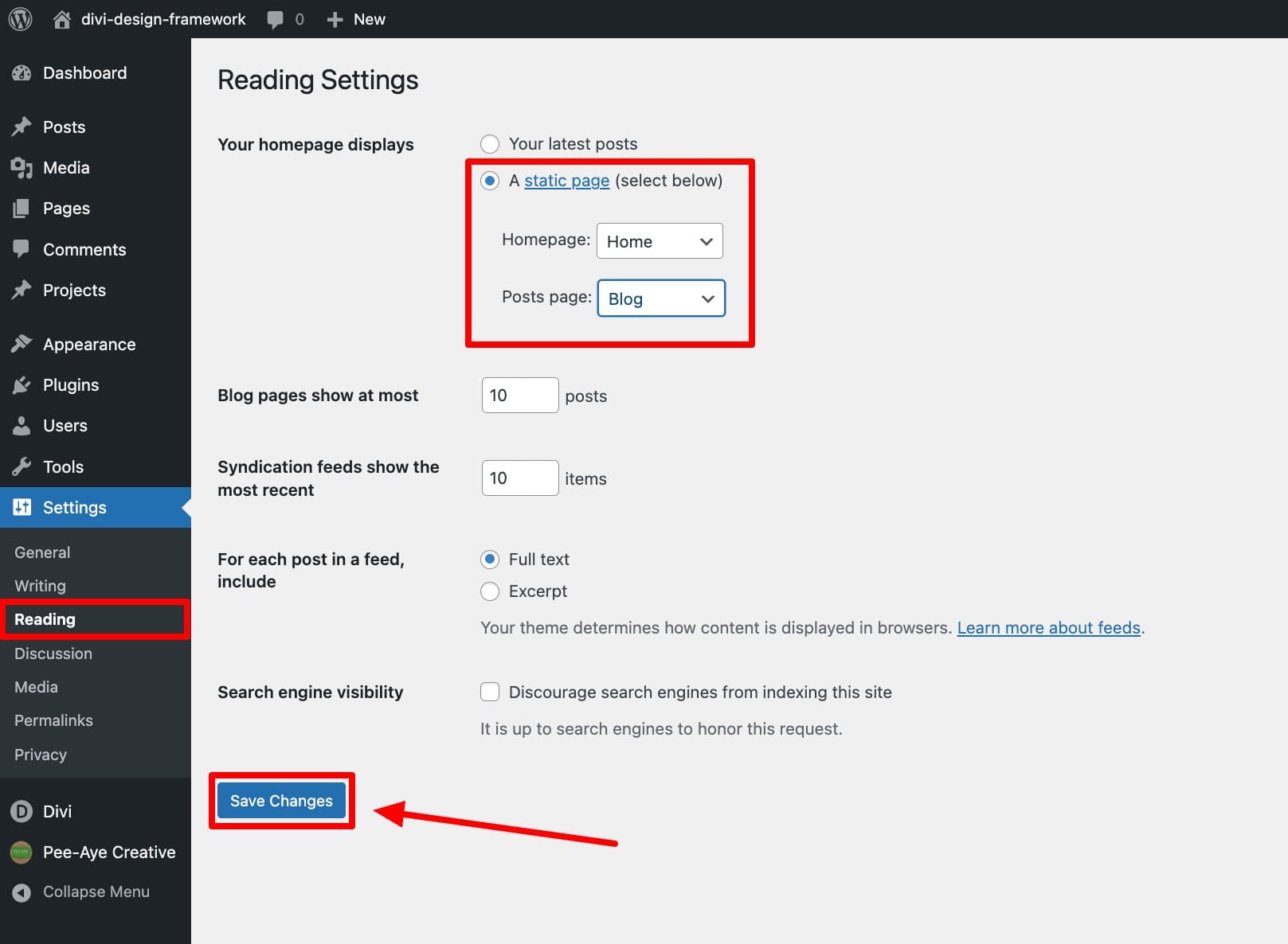 blog post page settings
