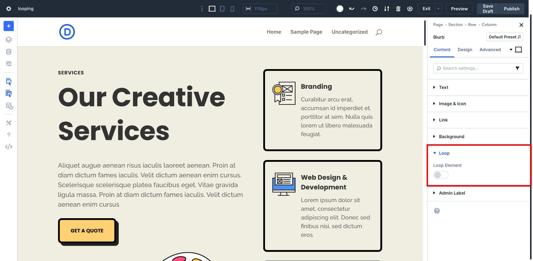 loop in content tab
