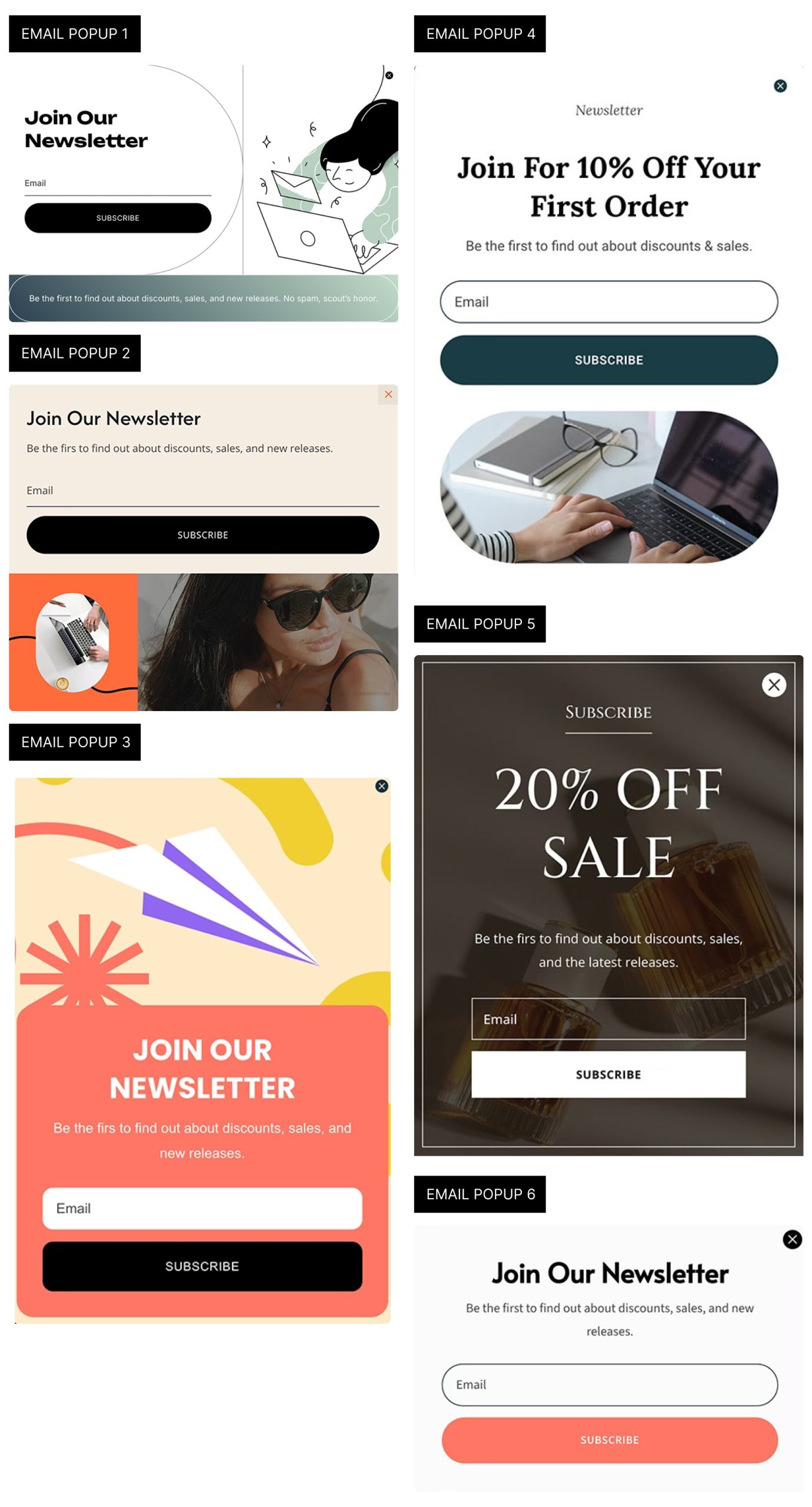 Six email popup layout examples for Divi 5