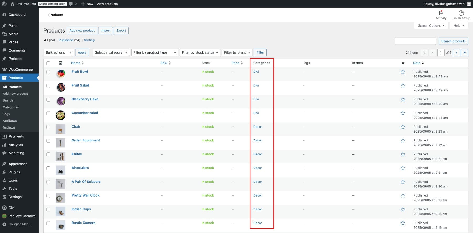 products listed and categorized in woocommerce shop