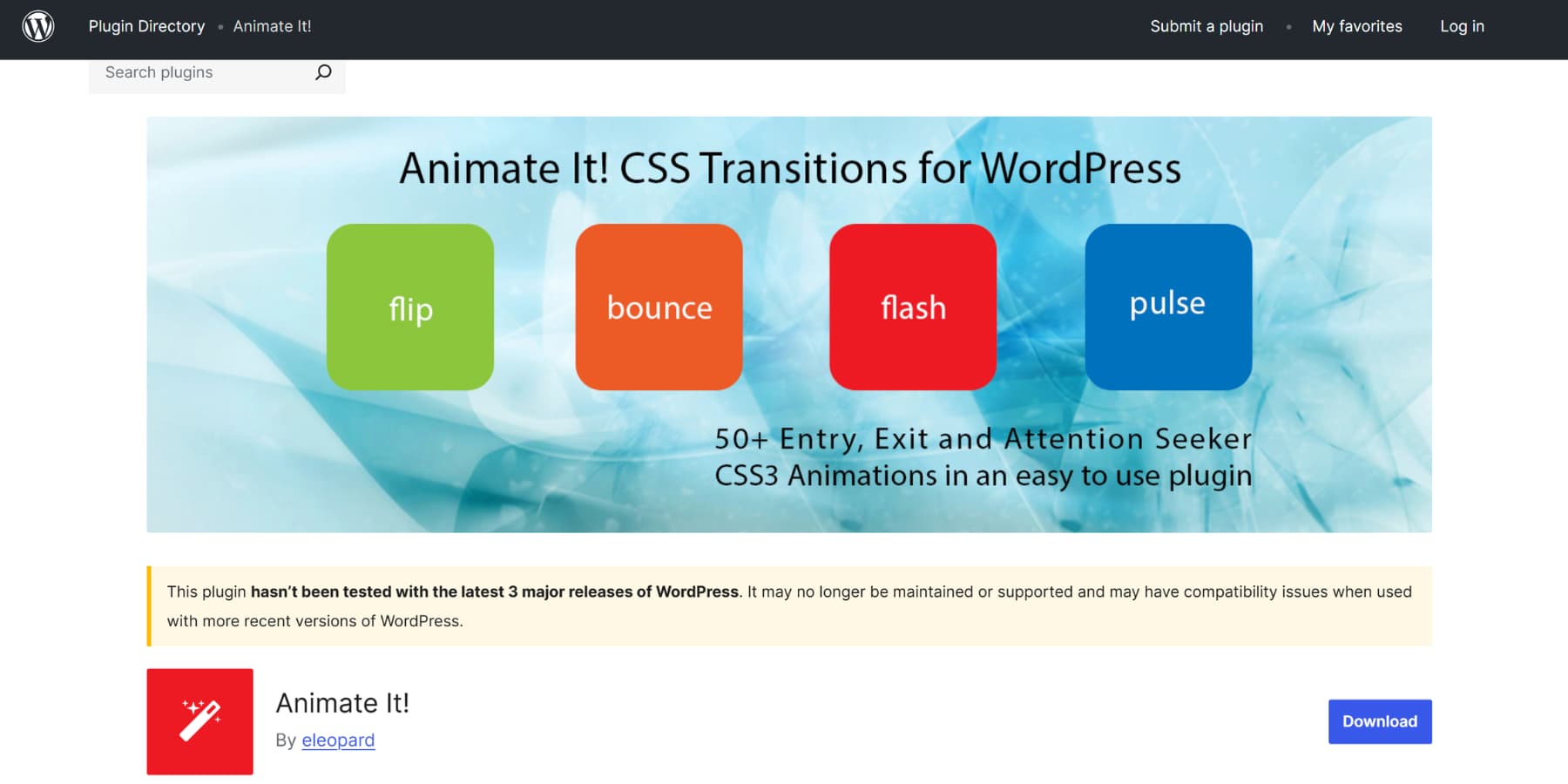 A screenshot of Animate It's plugin page on WP plugin repo