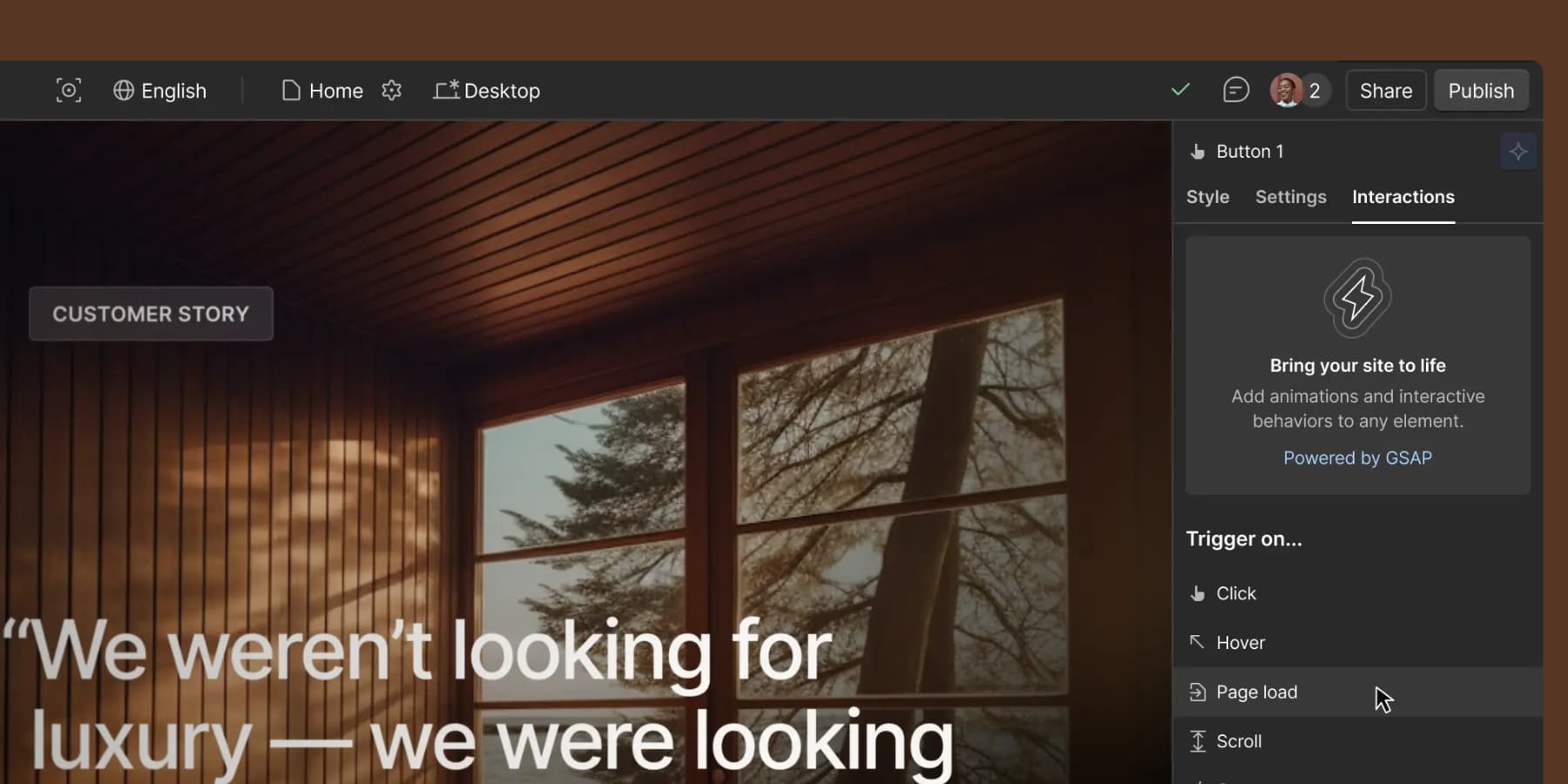 A screenshot of Webflow's interaction panel from Webflow's website