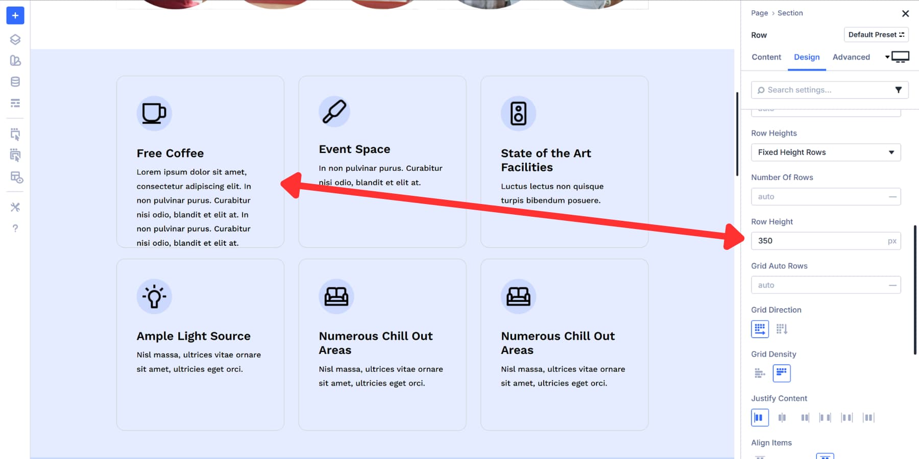 A screenshot of how fixed height rows work and how they might cut off content in Divi 5