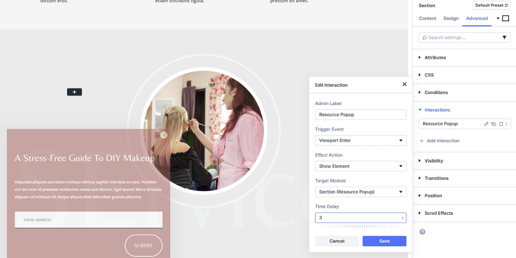 A screenshot of interaction settings of the trigger section for the resource popup