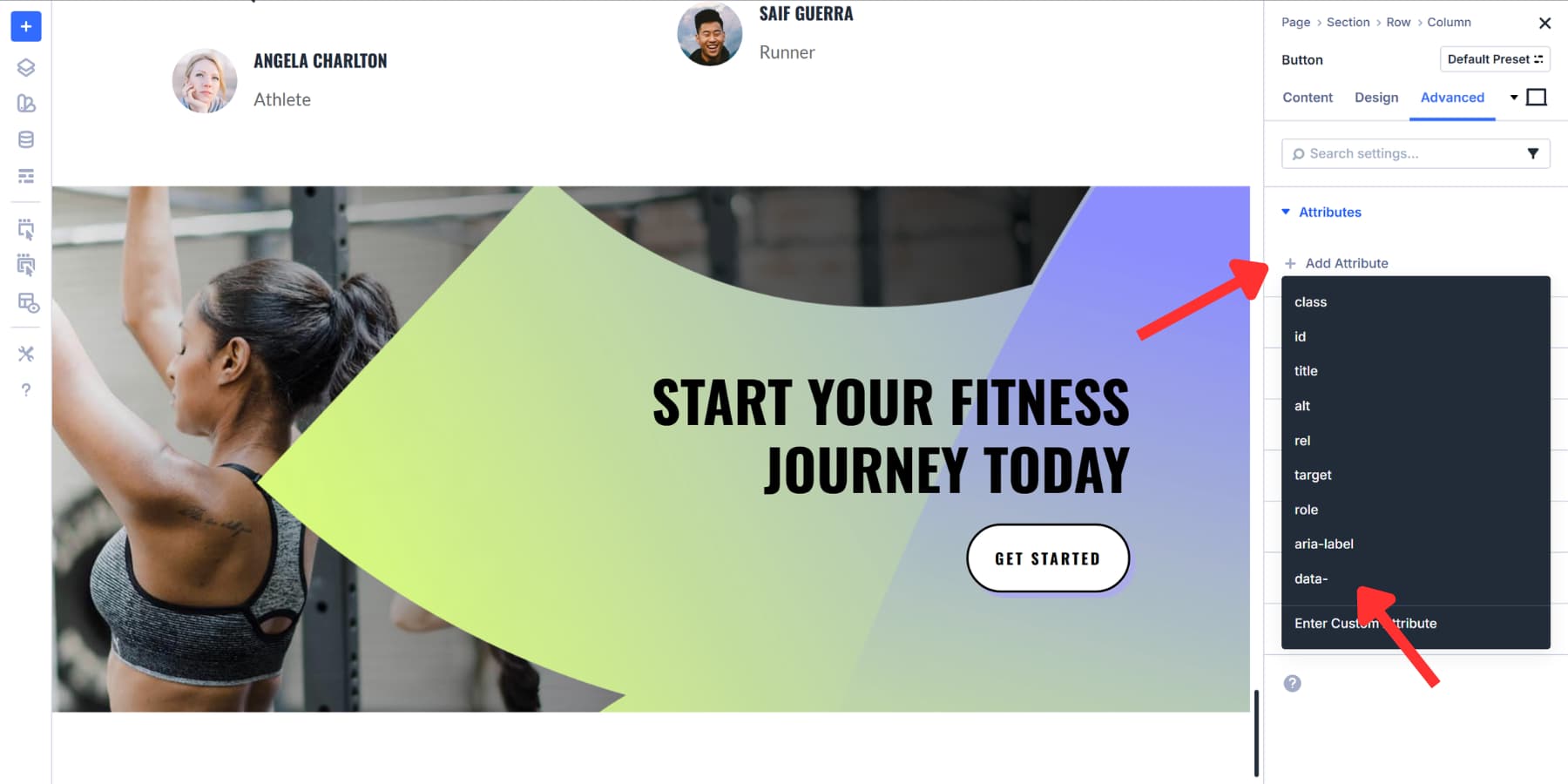 A screenshot of selecting data- as an attribute preset in Divi 5