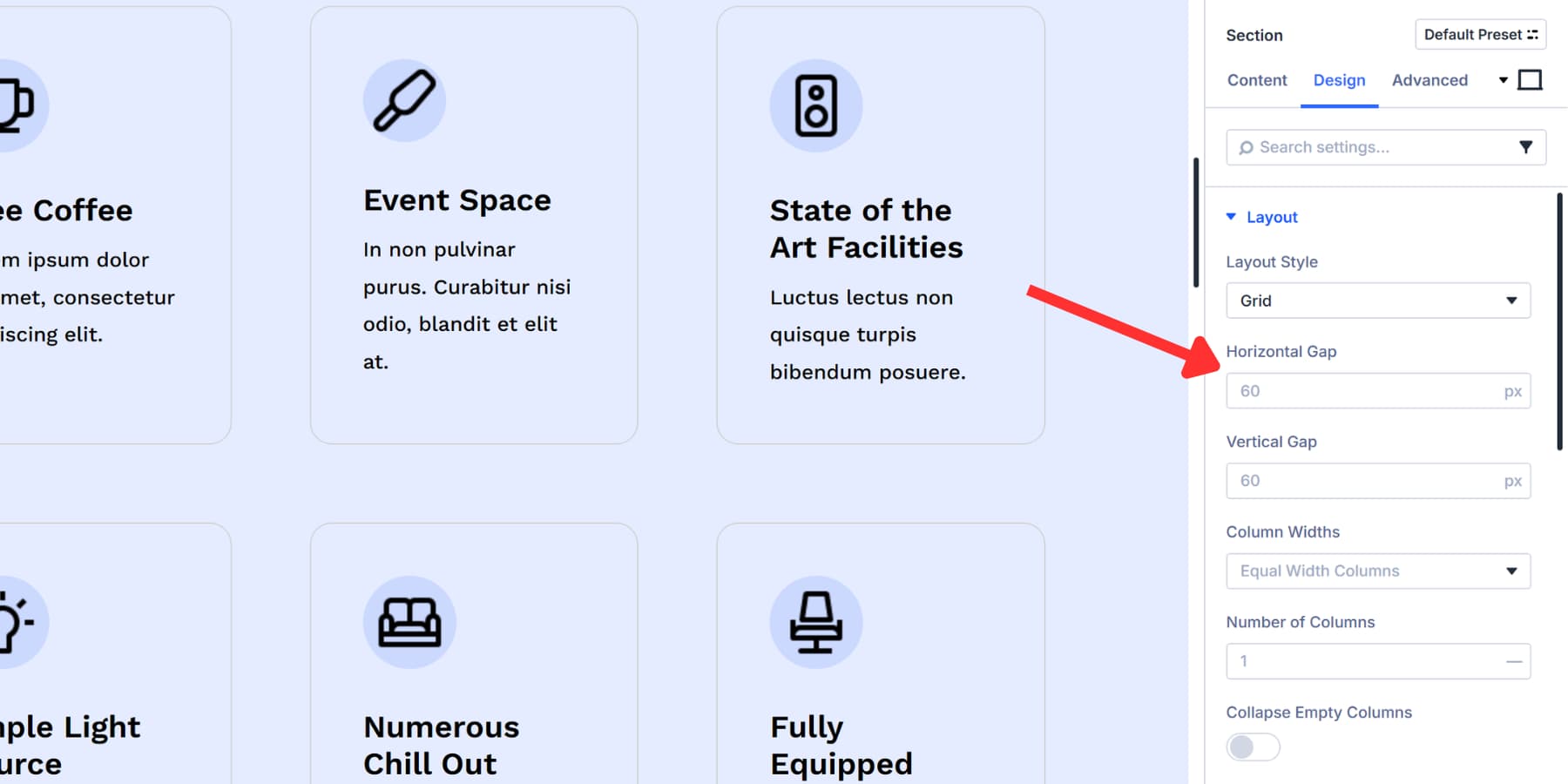 A screenshot of the horizontal gap option available in Divi 5's grid options