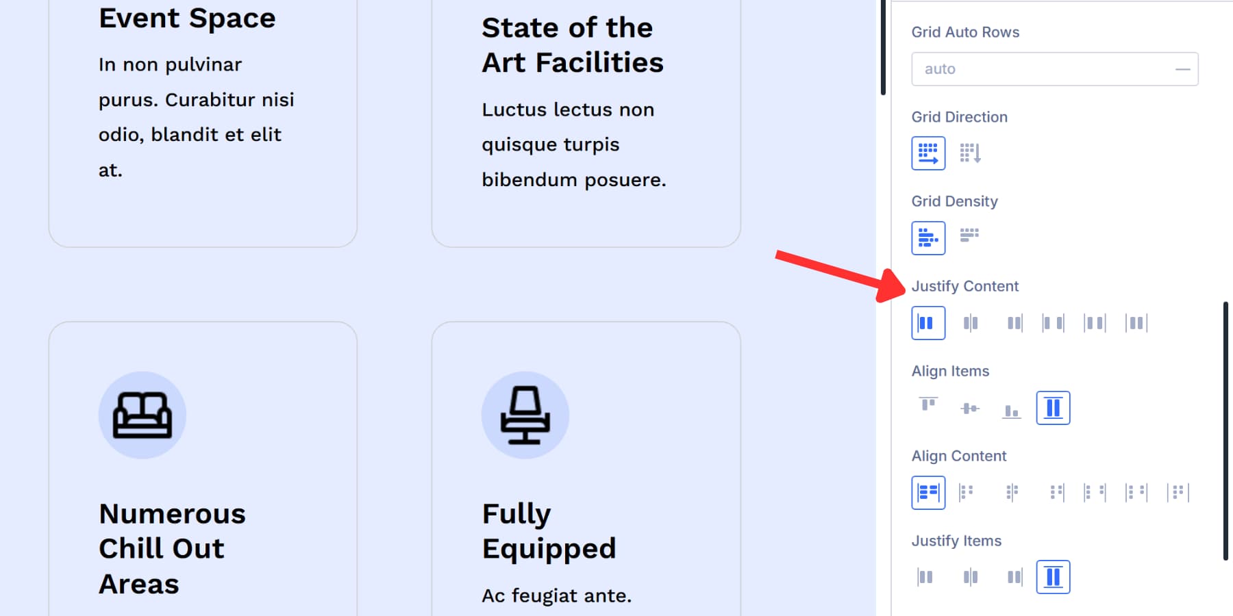 A screenshot of the justify content option in Divi 5's grid options