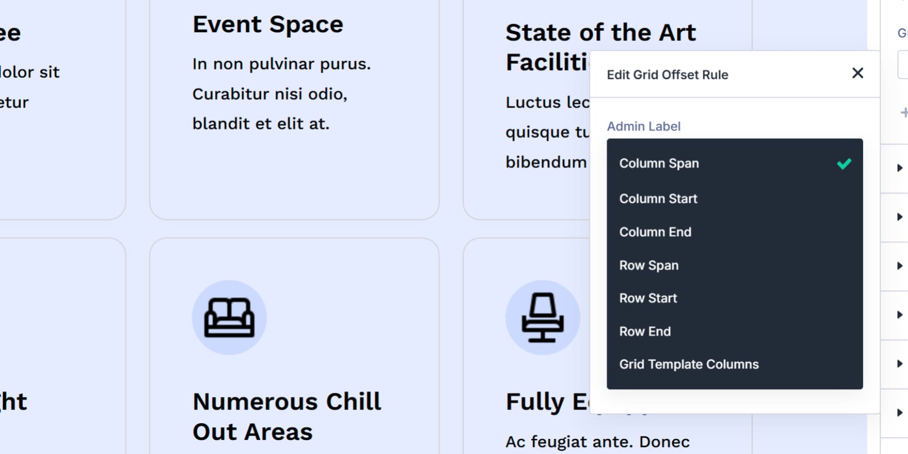 A screenshot of the options available inside the offset rule in Divi 5