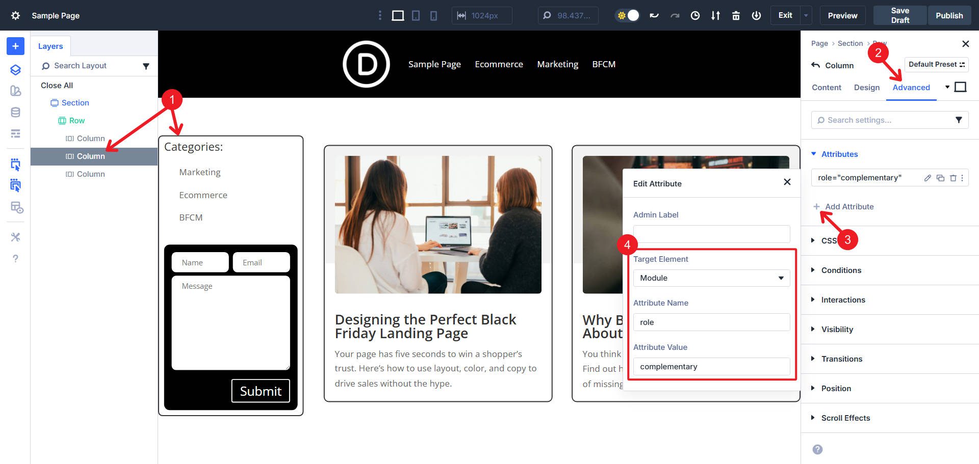 Add Landmark Role Complementary To a Grid Container For a Sidebar