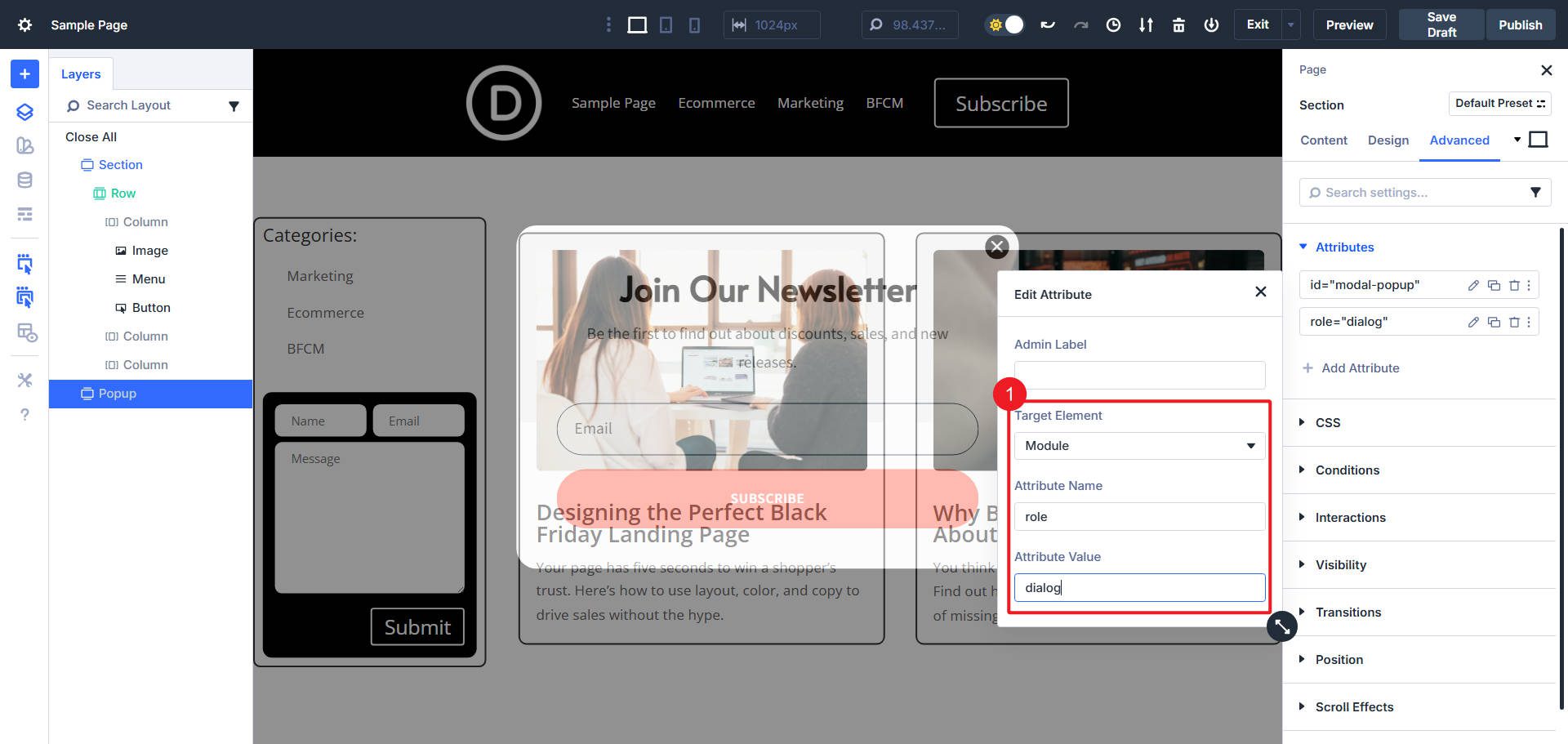 Add role dialog to popup section