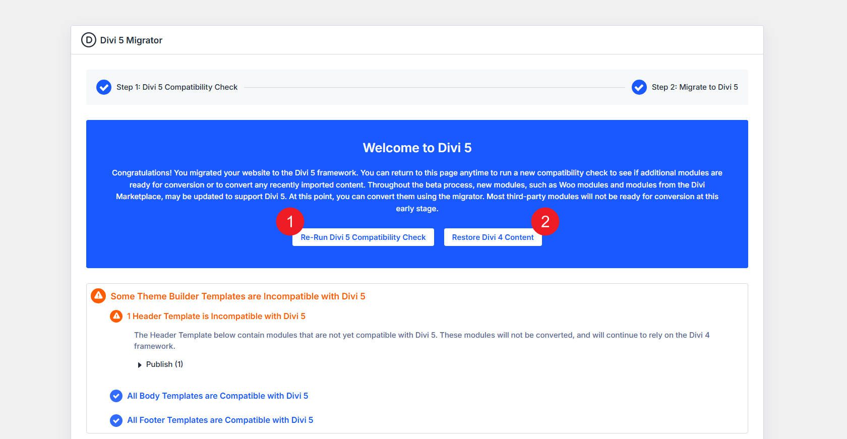 Rerun compatibility check or revert to divi 4