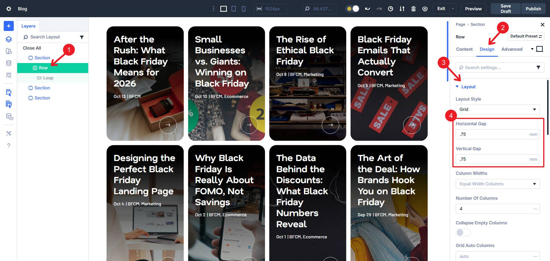 Row Grid Horizontal and Vertical Gaps of dot75rem