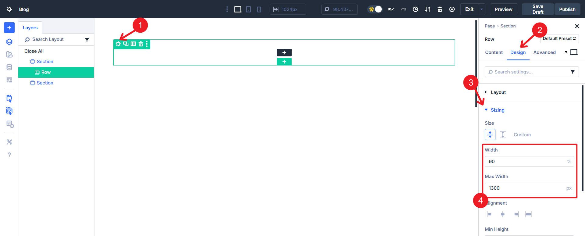 Set Row width to 90% and max width to 1300px