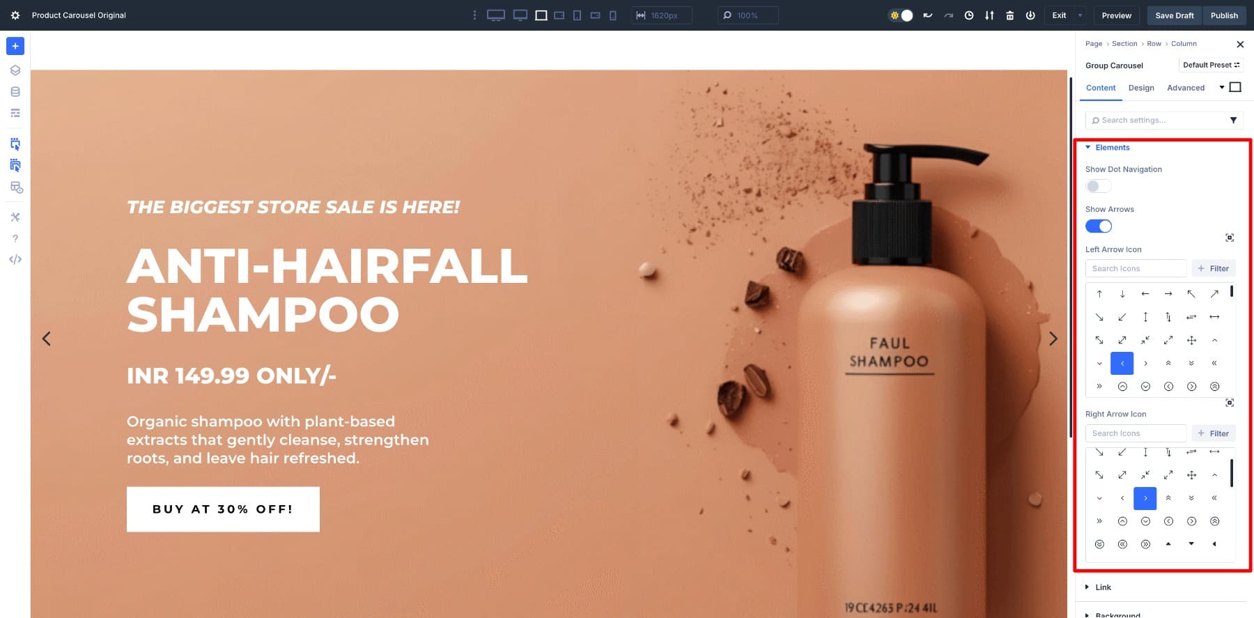 elements tab for dot and arrow carousel
