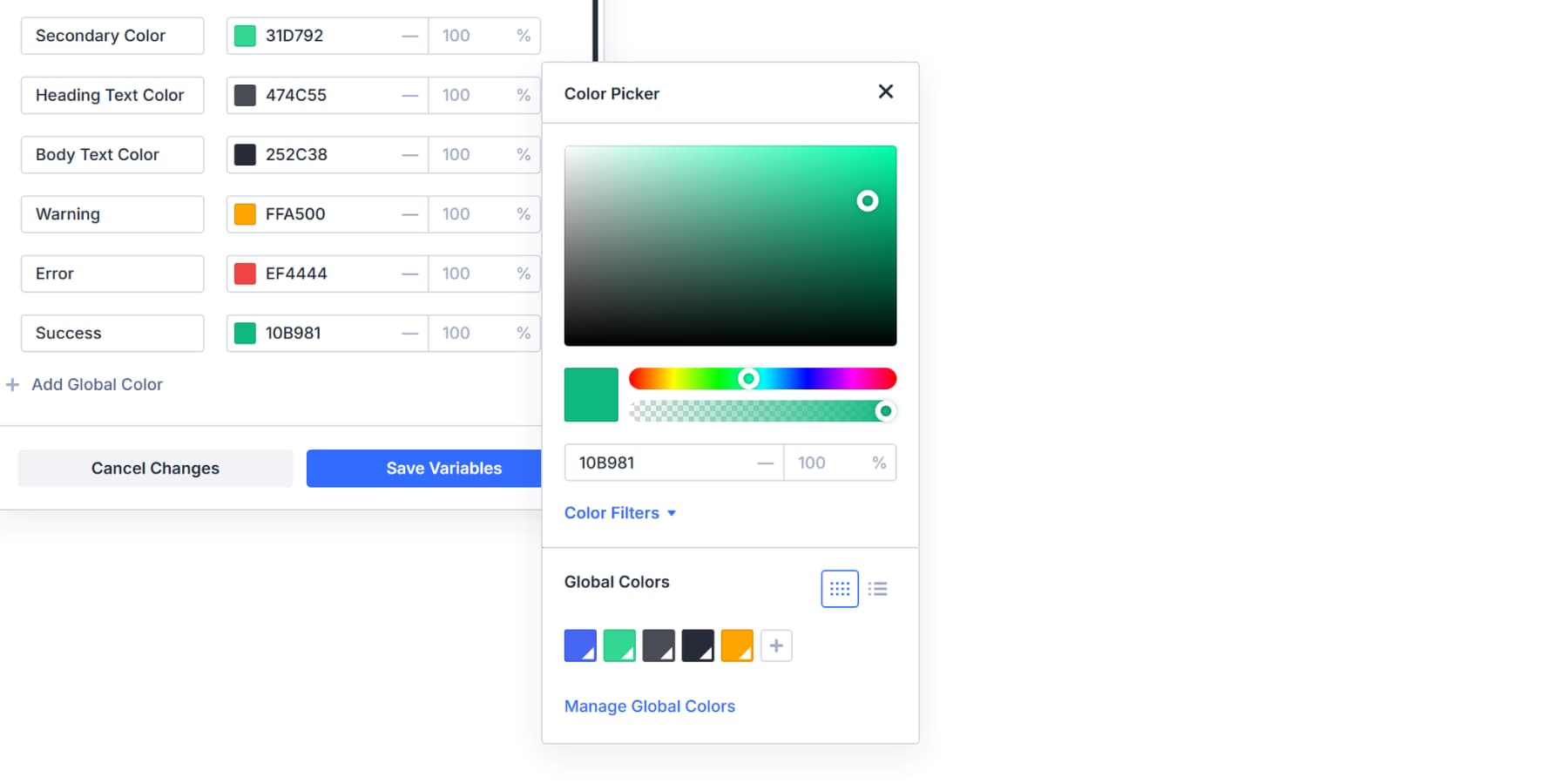 A screenshot of setting a success color variable in Divi 5