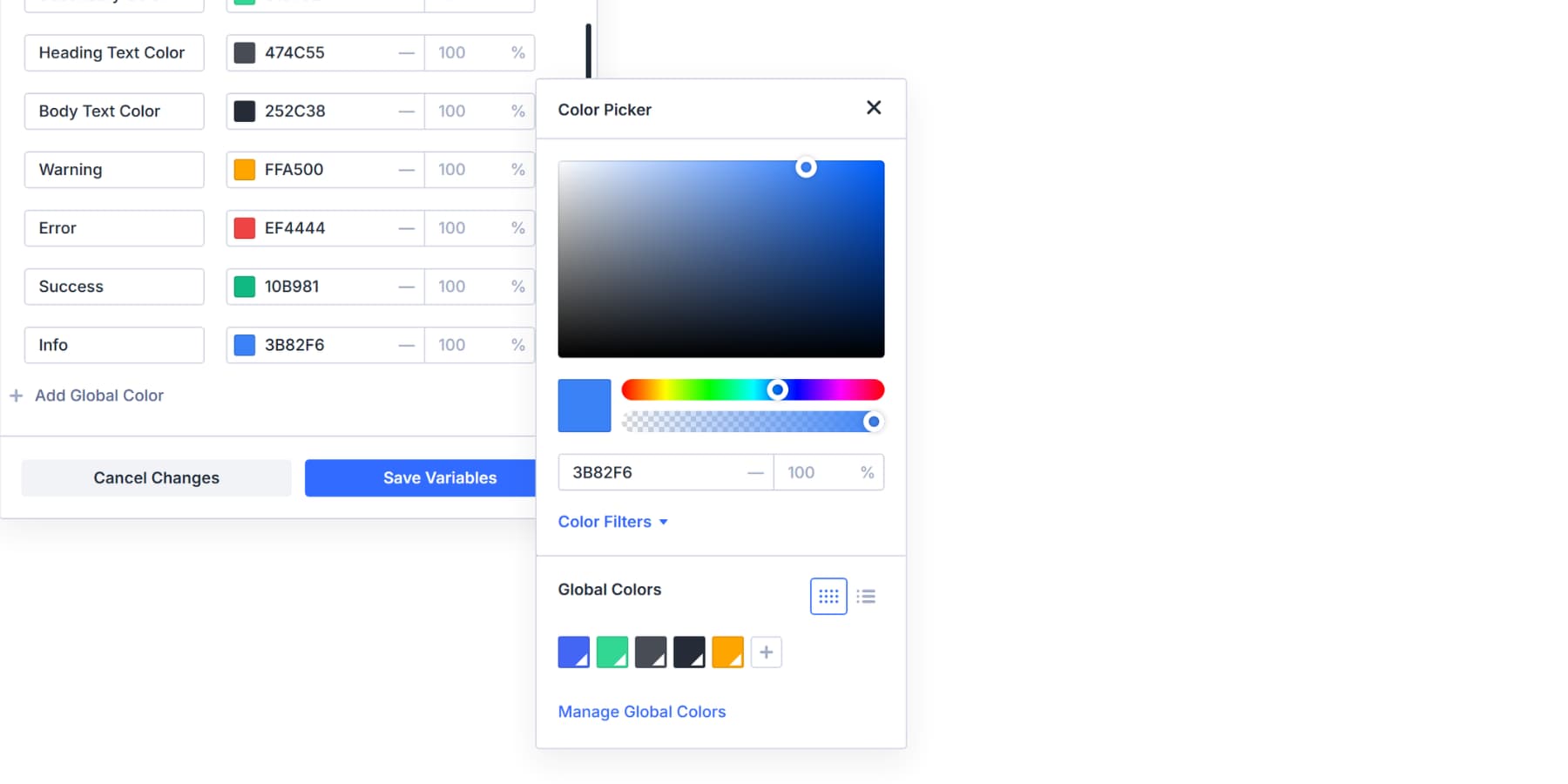 A screenshot of setting an info color variable in Divi 5