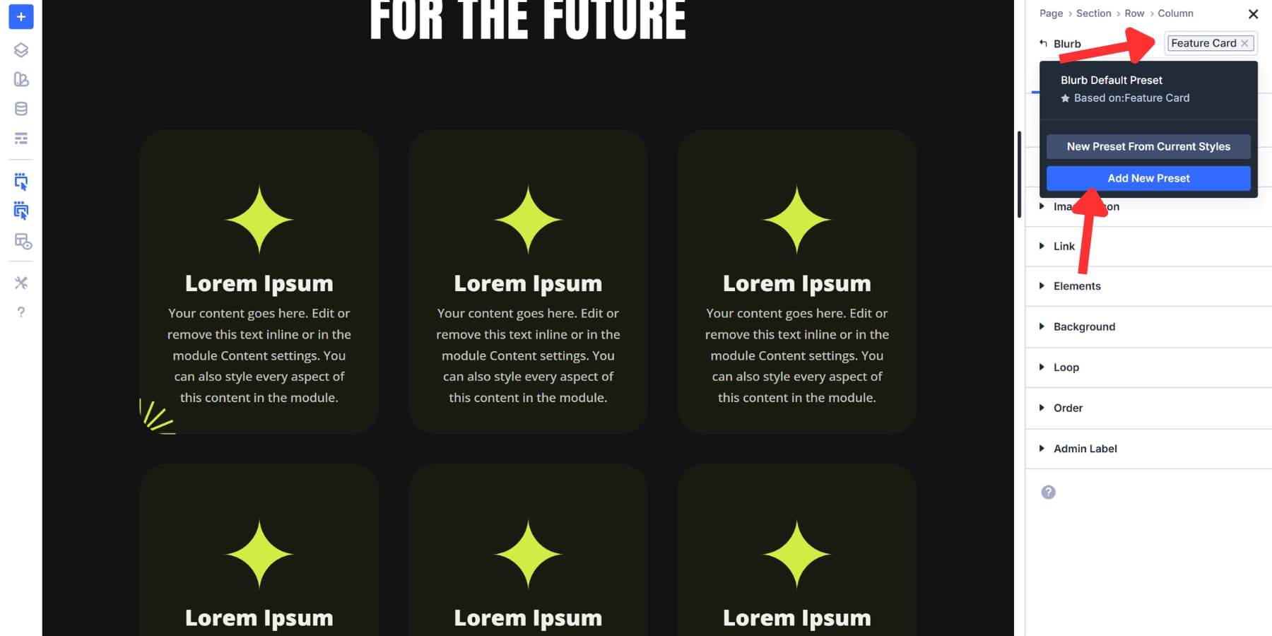 A screenshot of where to add an element preset in Divi 5