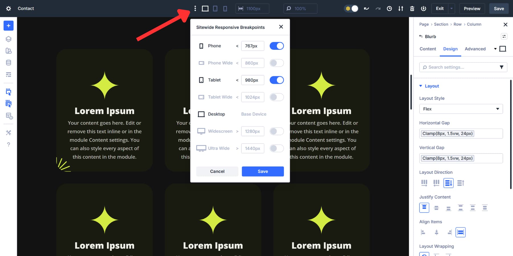 A screenshot of where to enable additional breakpoints in Divi 5