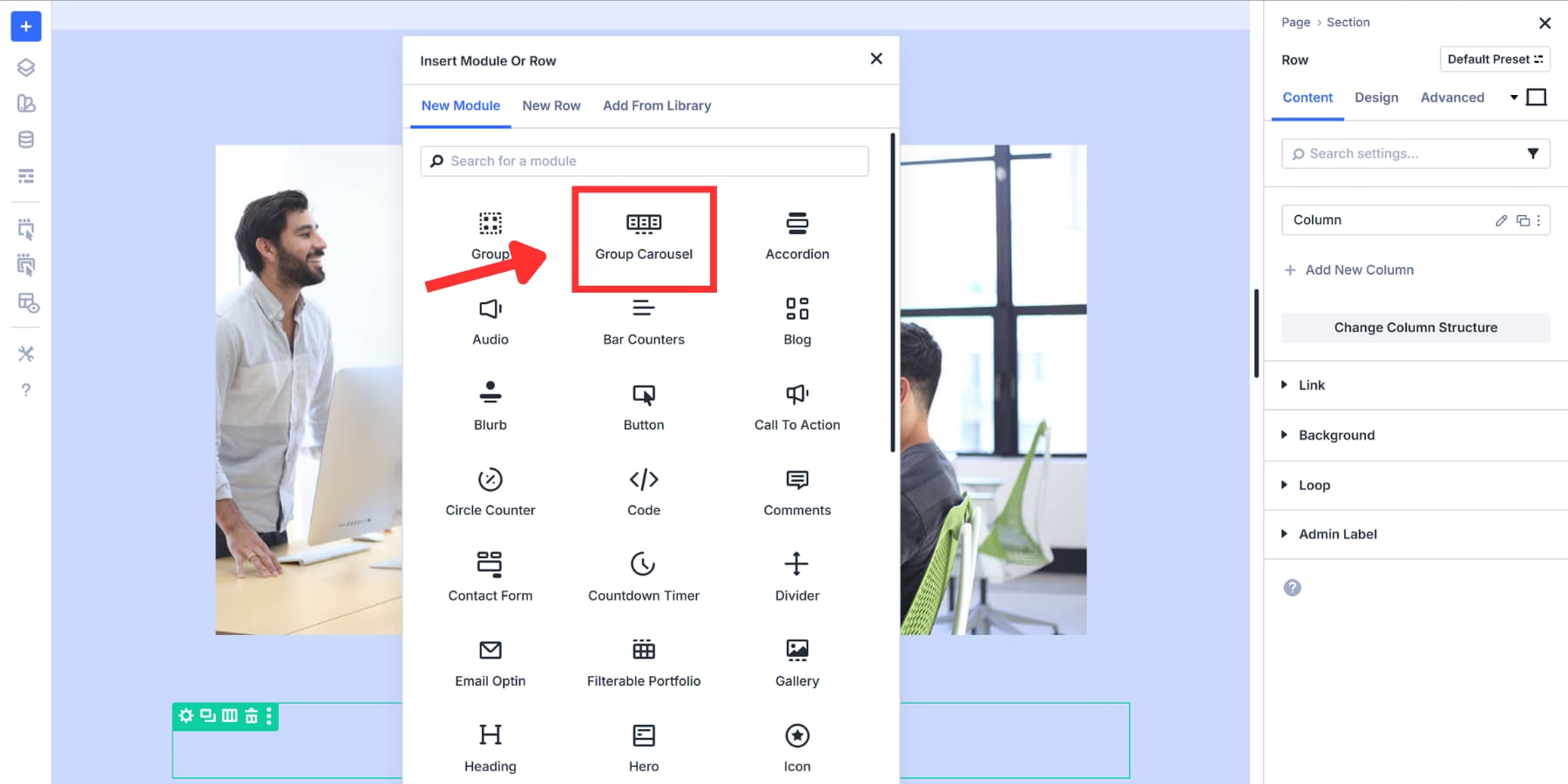 A screenshot of where to find the group carousel module in Divi 5