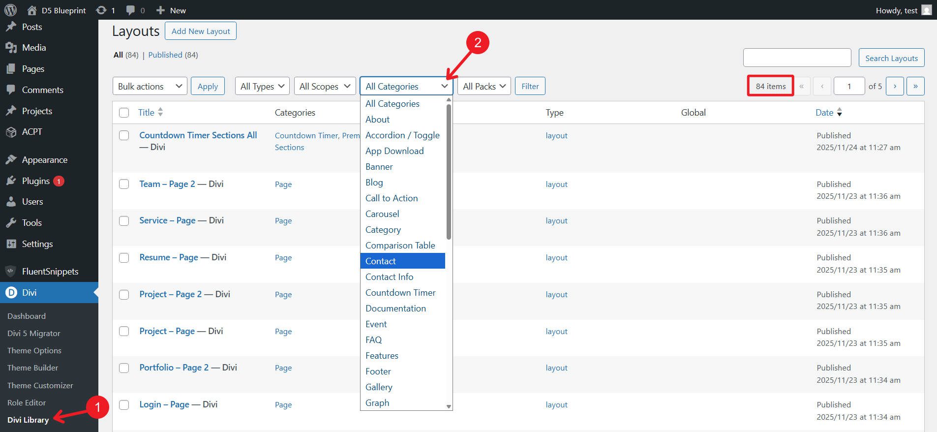 Divi Library with Design System Categorized Page Layouts