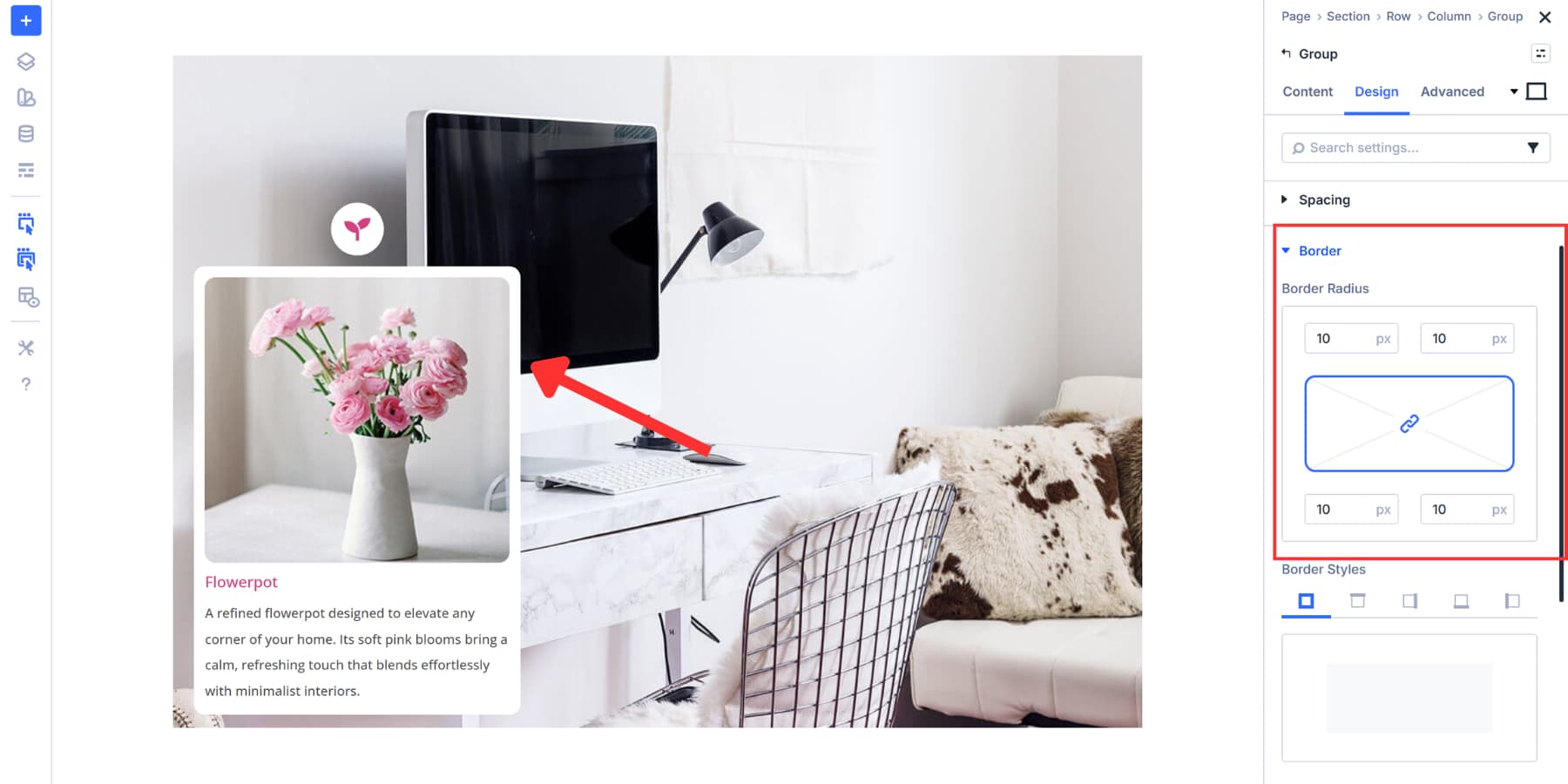 A screenshot of adding border radius to the content group so it looks proper in Divi 5