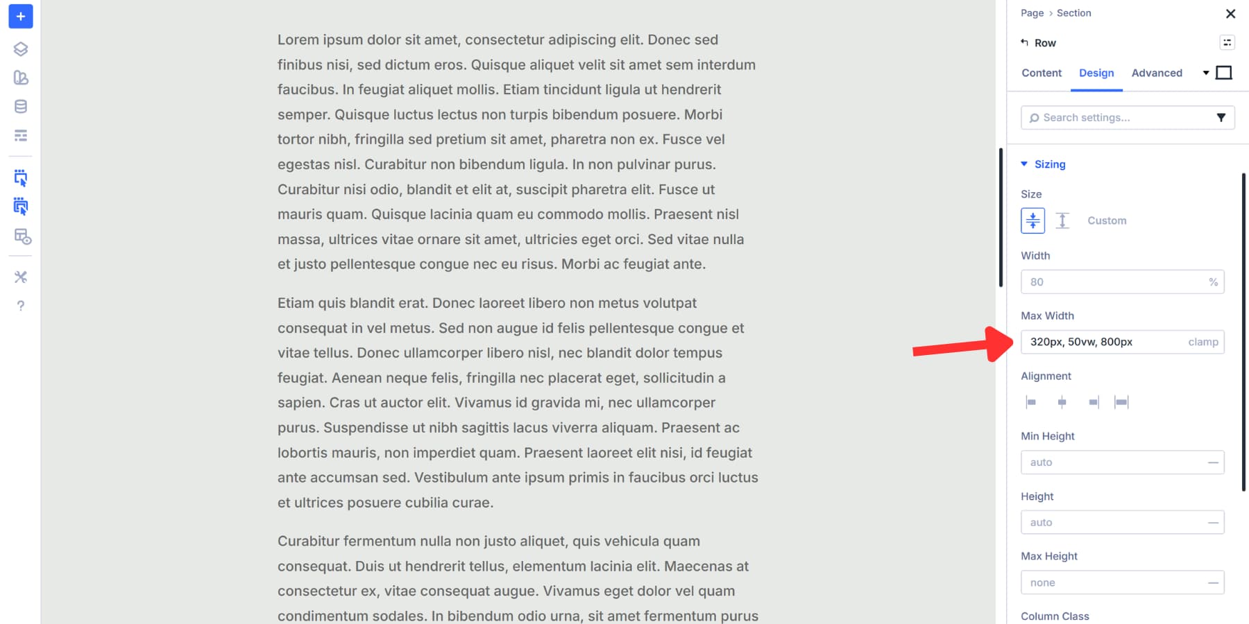 A screenshot of adding clamp values directly into the max width field