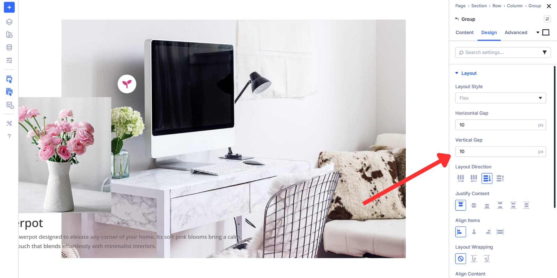 A screenshot of adjusting the vertical gap for the content group in Divi 5