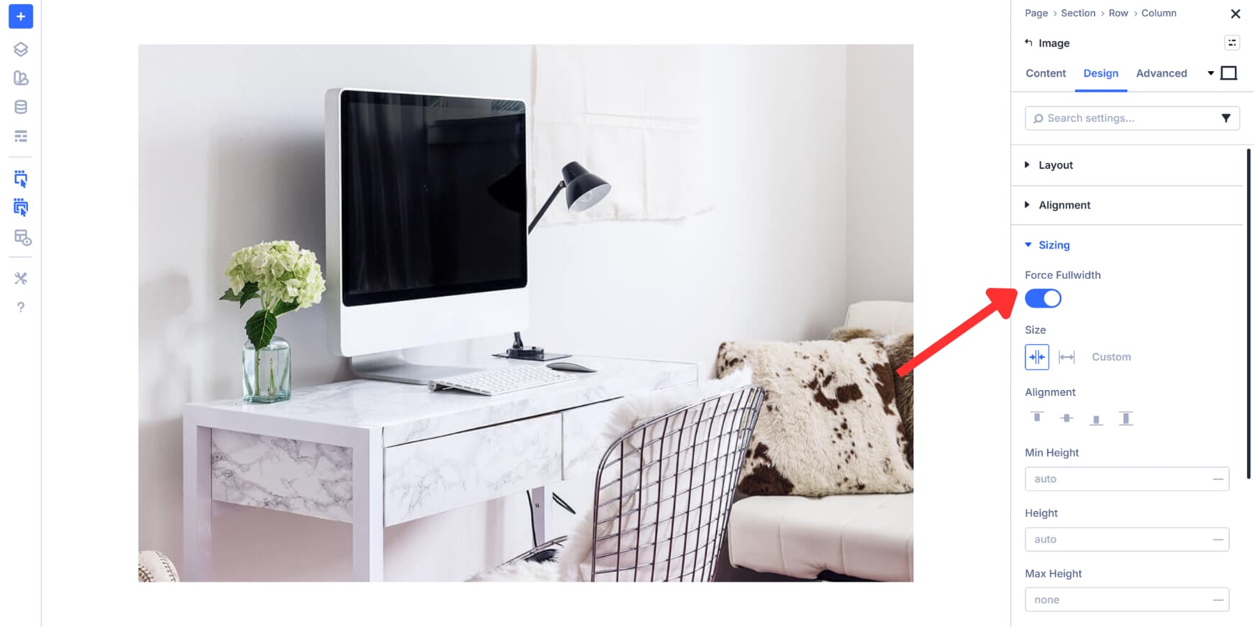 A screenshot of enabling force fullwidth to an image module in Divi 5