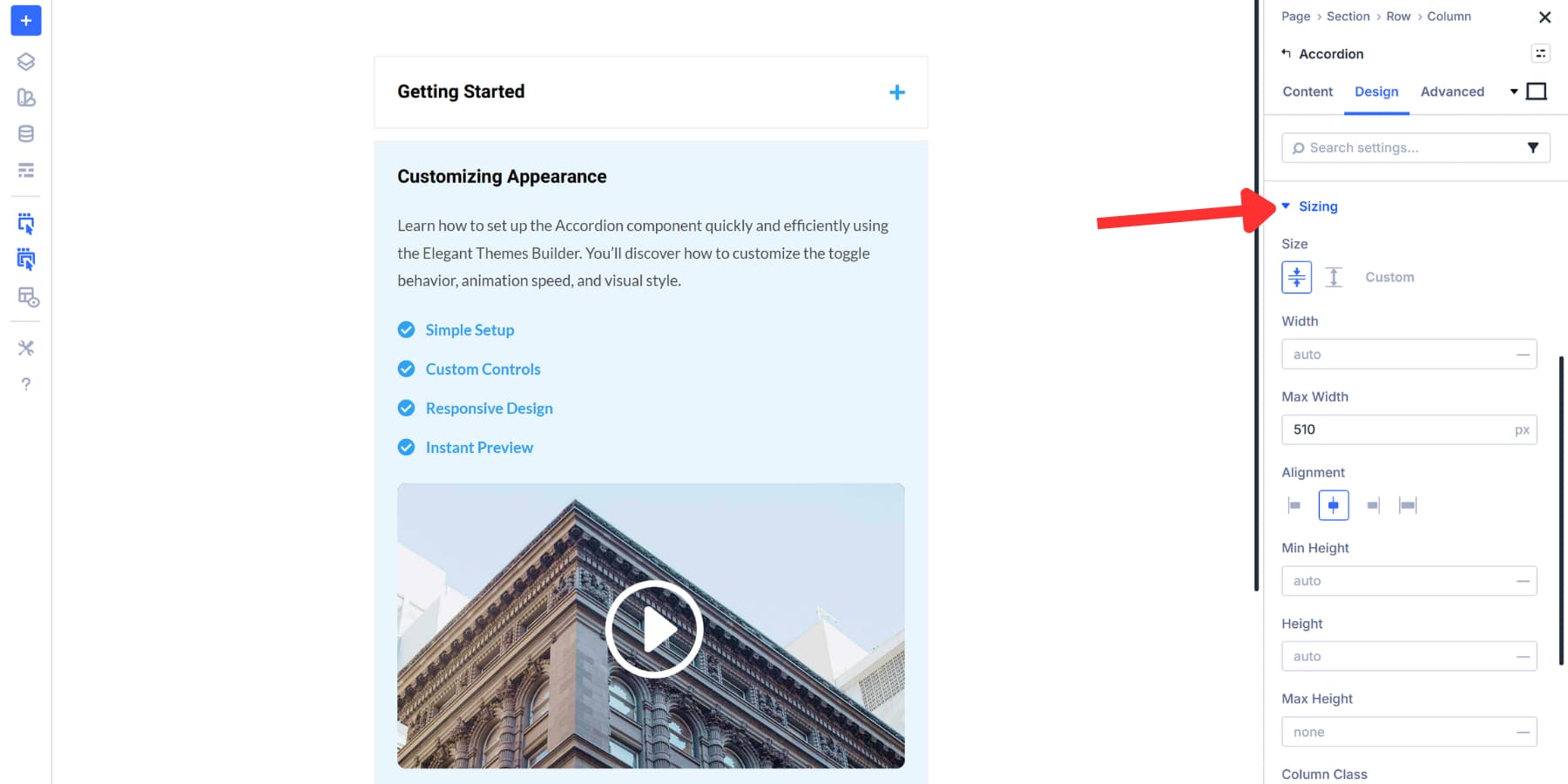 A screenshot of how to adjust the width of Divi 5's accordion module
