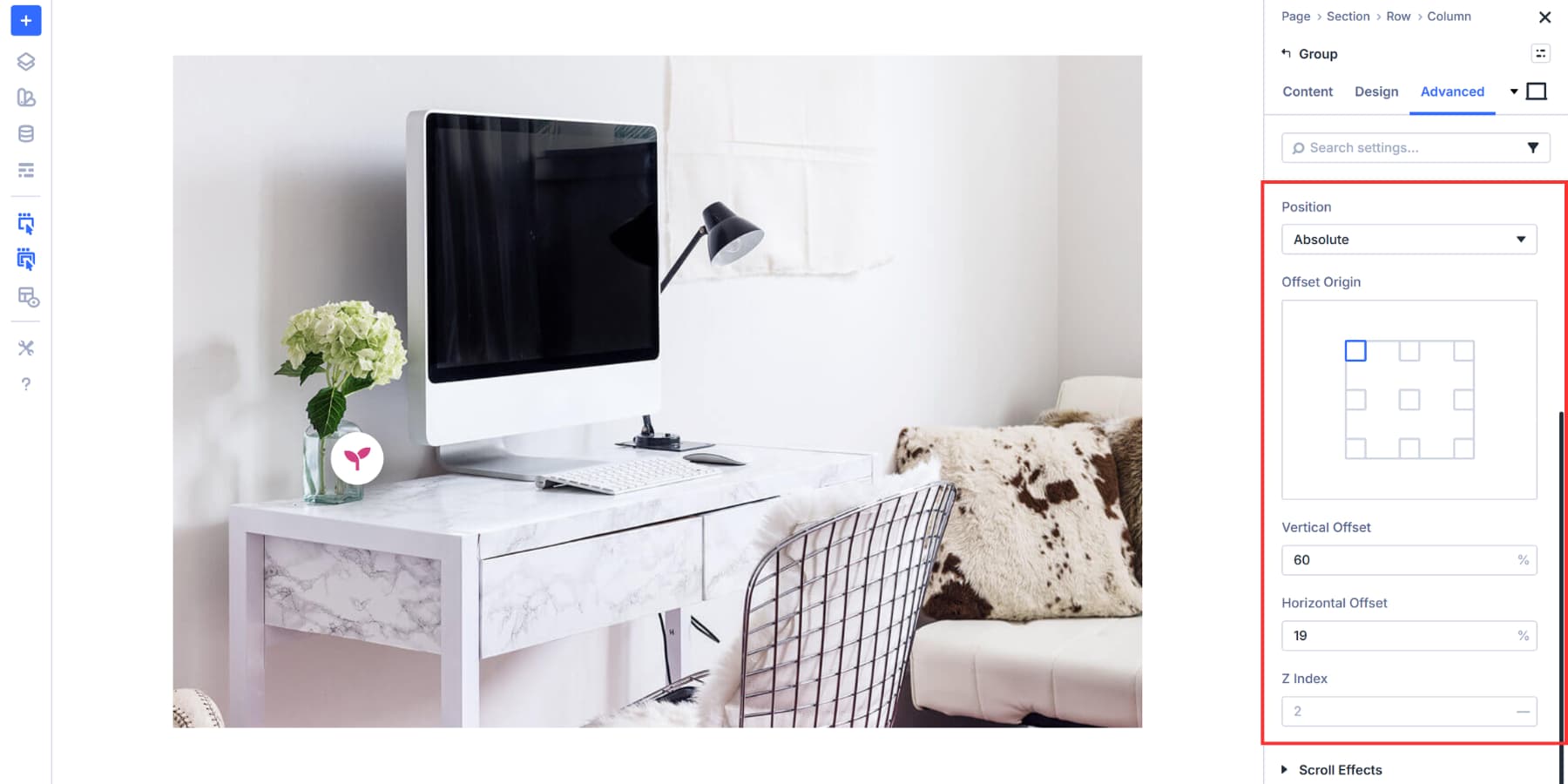 A screenshot of position effects being applied to hotspot marker for proper alignment in Divi 5