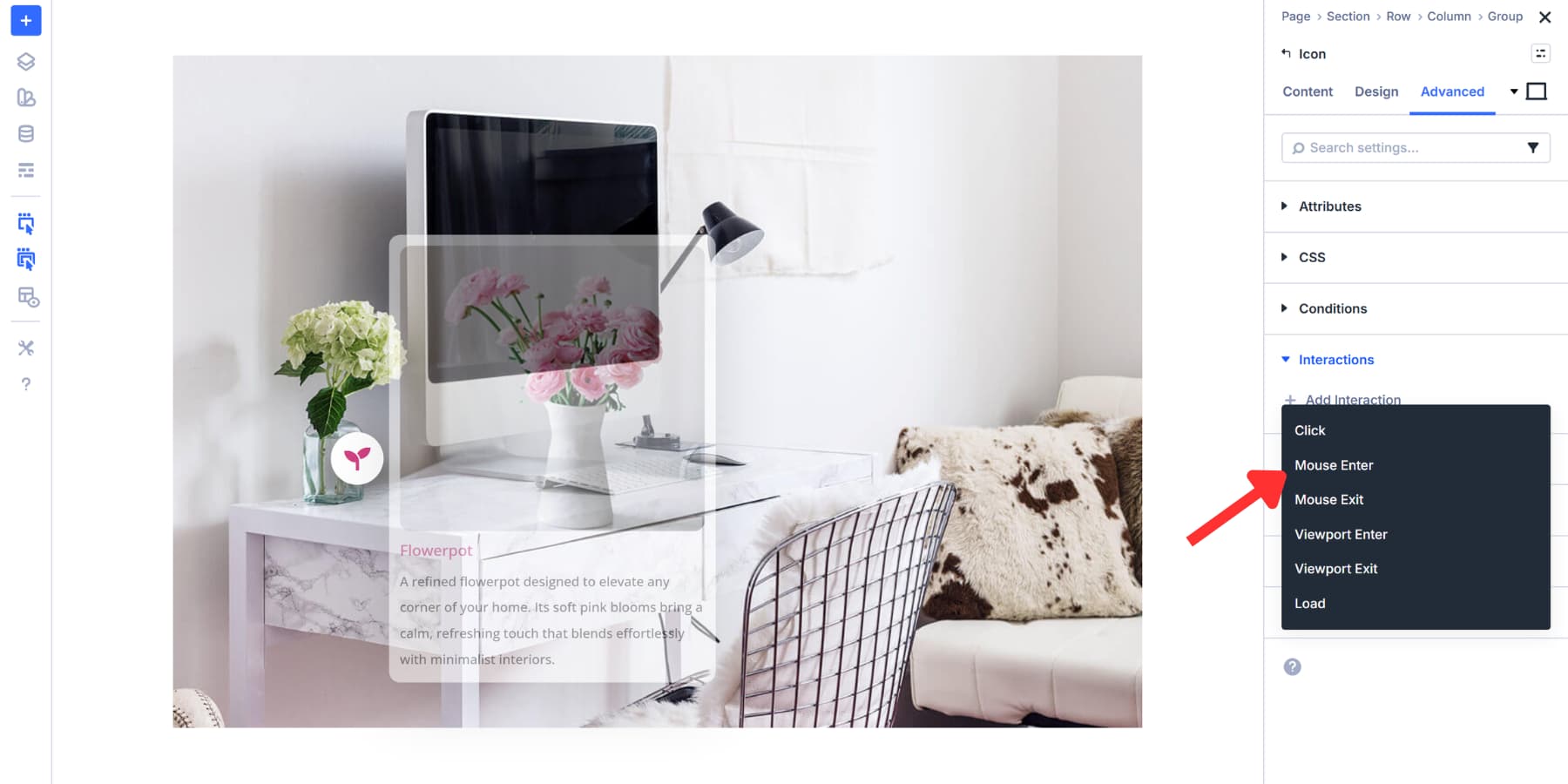 A screenshot of setting mouse enter as a trigger for the marker interaction