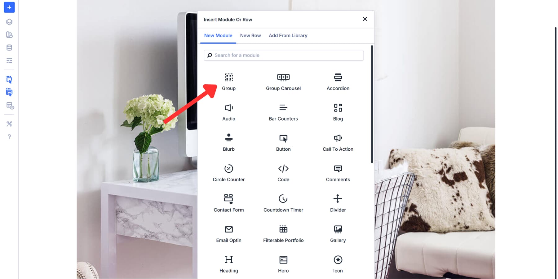 A screenshot of the group module inside Divi 5's module list