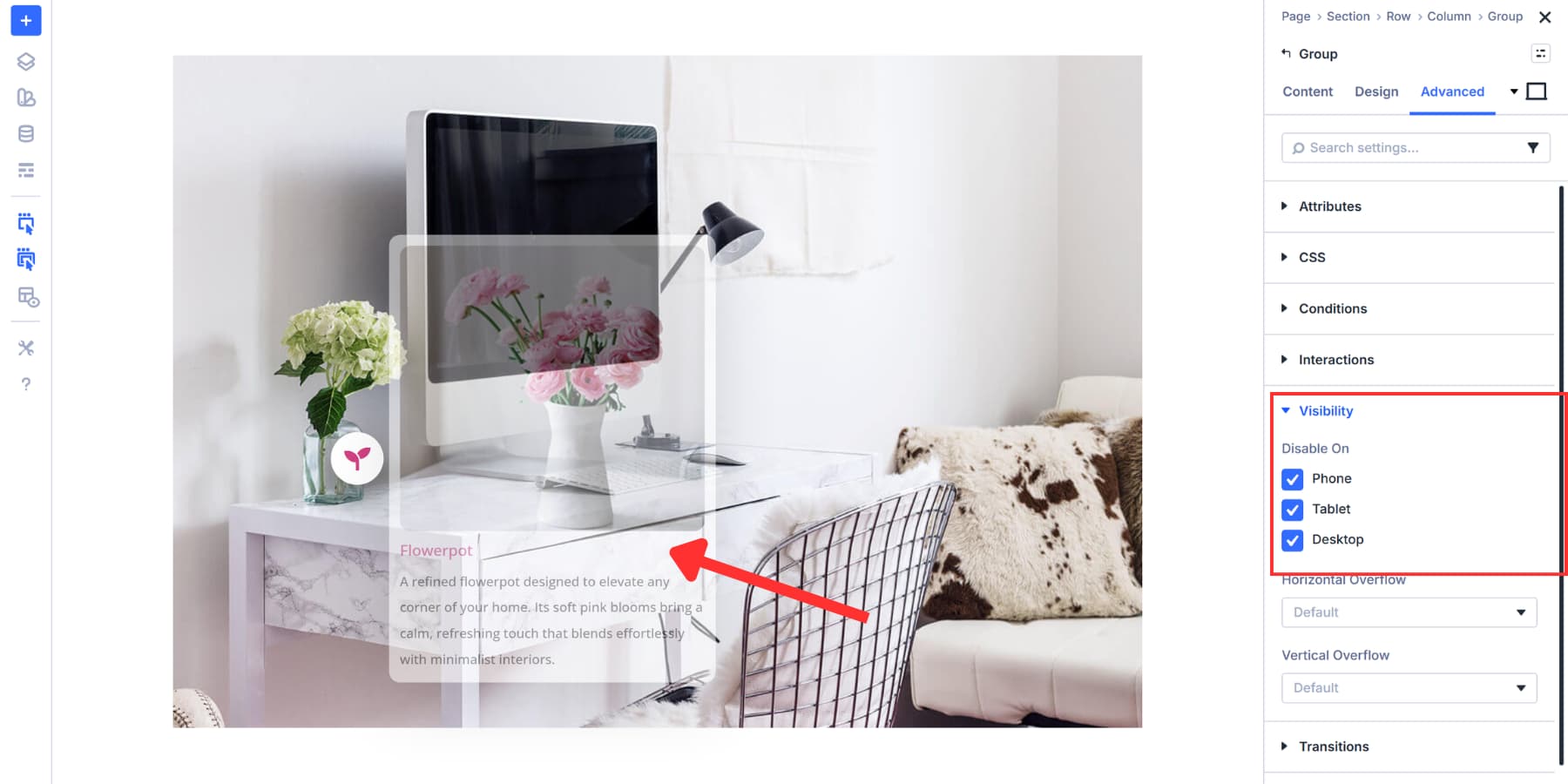 A screenshot of the visibility settings being applied to the content group module