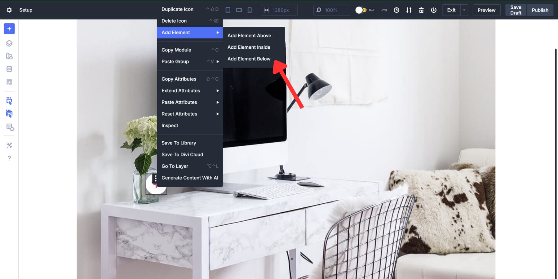 A screenshot of where to find the option to add a nested module to the icon group in Divi 5