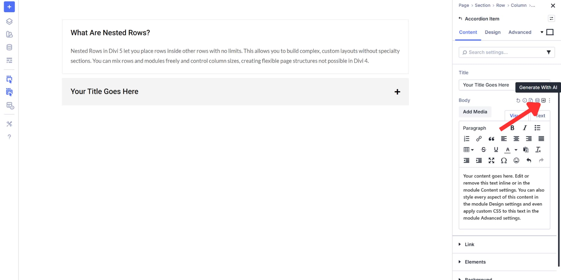 A screenshot of where to find the Divi AI icon