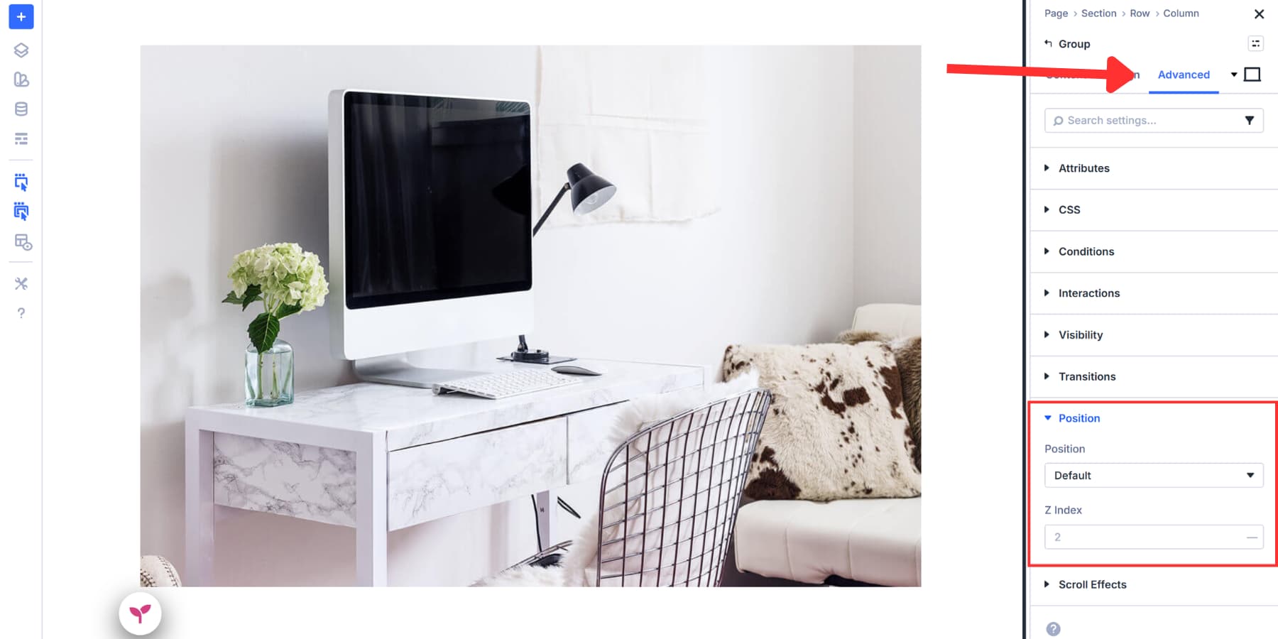 A screenshot of where to find the position settings in Divi 5