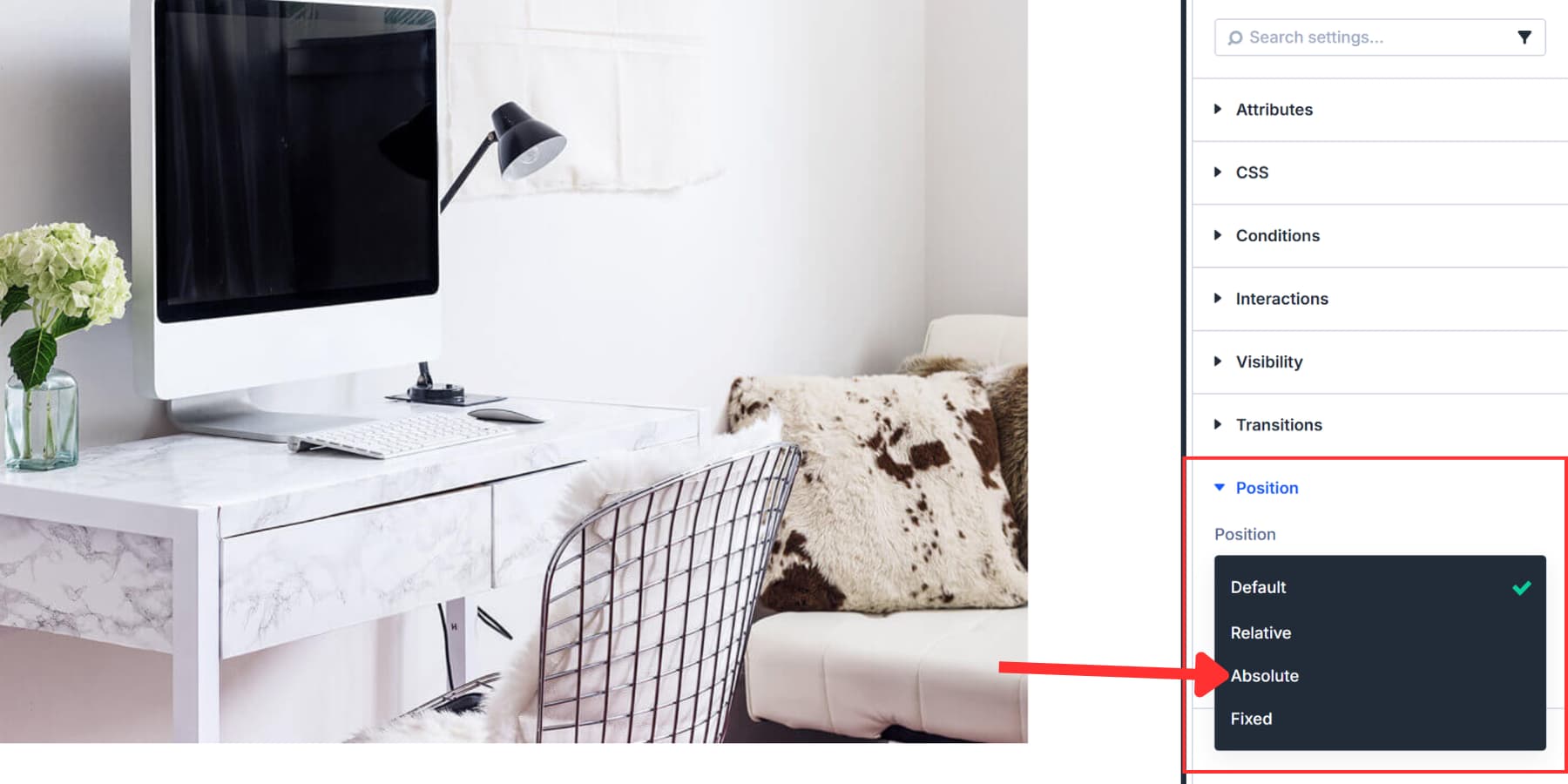 A screenshot of which position settings to select to align hotspot marker Divi 5