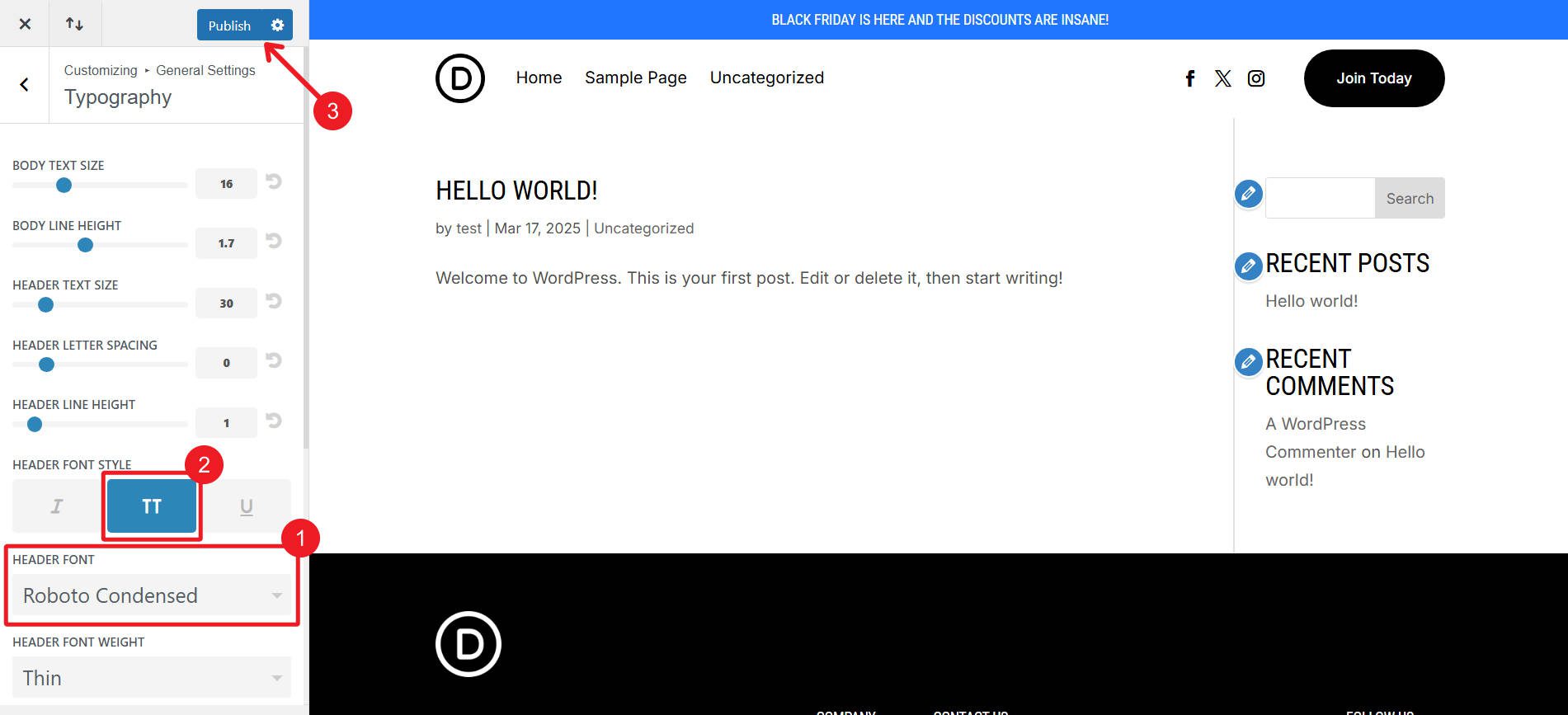 Change Heading Font and All Caps in Customizer