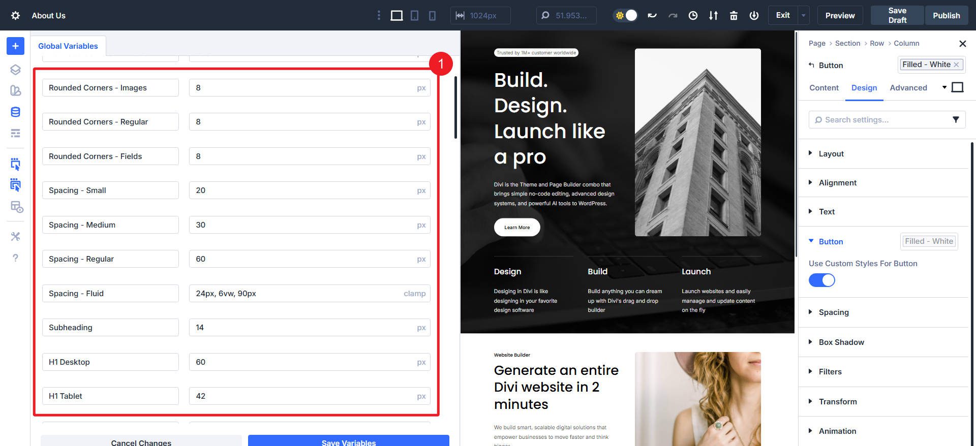 Design Variable Manager showing all Design System Numbers Used