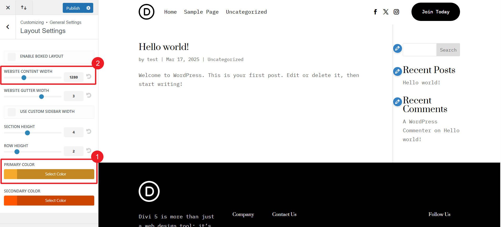 Divi Customizer change primary color and website content width